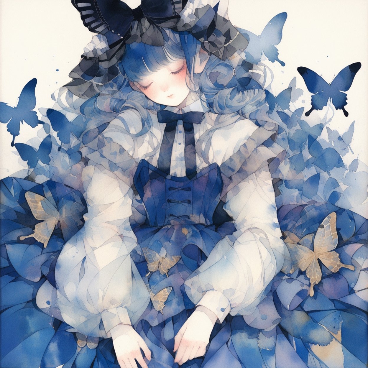 1girl, solo, closed eyes, long hair, long sleeves, painting (medium), bow, bangs, frills, white background, skirt, shirt, simple background, black hair, blunt bangs, blue hair, blue skirt, dress, white shirt, hair bow, blue bow, closed mouth, butterfly hair ornament, sleeping, hair ornament, lolita fashion, bowtie, ribbon, ascot, blue dress, blush, capelet, cowboy shot, eyelashes, very long hair, blue theme, lying, black bow, lips, upper body, frilled dress, butterfly  ,
masterpiece, best quality, aesthetic, ,watercolor \(medium\)