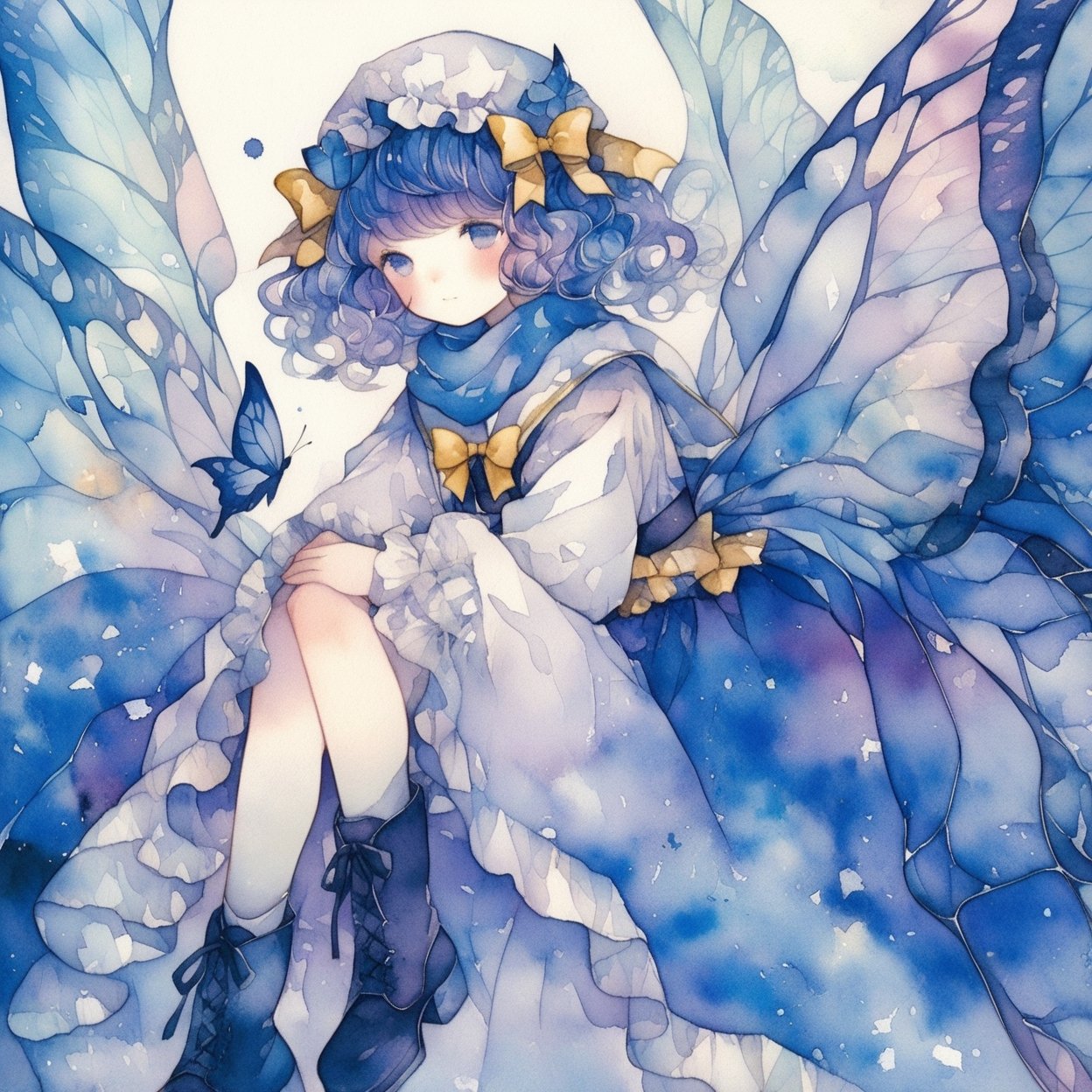 1girl, blue hair, solo, wings, bug, butterfly, blue eyes, hat, painting (medium), dress, long sleeves, blush, boots, frilled sleeves, frills, bow, short hair, ice, mob cap, cross-laced footwear, cirno, wide sleeves, bangs, ice wings, butterfly wings, blue bow, white dress, yellow bow, white headwear, sleeves past wrists, medium hair, fairy, frilled dress, hand up, full body, scarf, blue dress, black footwear, fairy wings, wavy hair, ribbon, crystal, lace-up boots, expressionless, long dress, sitting, hair bow, hat bow, blue butterfly, closed mouth, sleeves past fingers, floating ,
masterpiece, best quality, aesthetic, ,watercolor \(medium\)