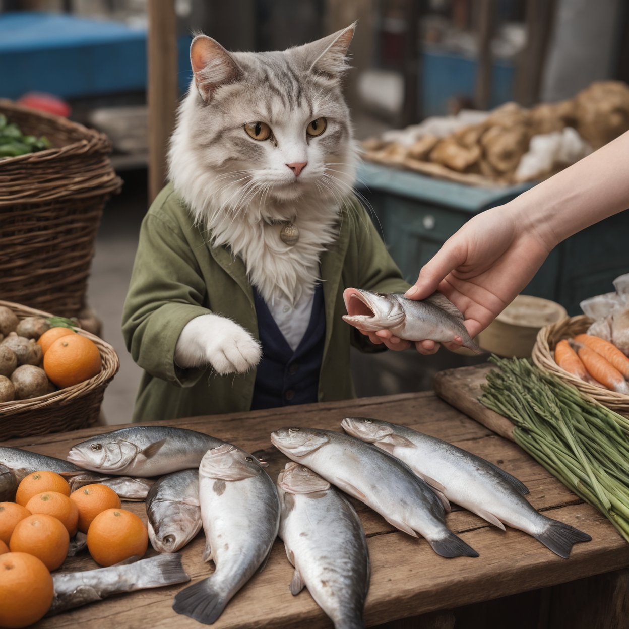 image of a hand offering money to a fishmonger cat, holding fish, ultra detailed, at the market, 