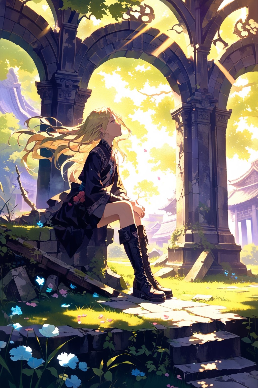 Magic realism, Cannibalcore,
1girl, solo, scenery, background, masterpiece, best quality, aesthetic, acrylic paint \(medium\),
light rays, day, shadow, dappled sunlight,
ruins, , blonde hair, boots, cloud, east asian architecture, flower, grass, long hair, outdoors, petals, plant, profile, sitting, sunlight, tree