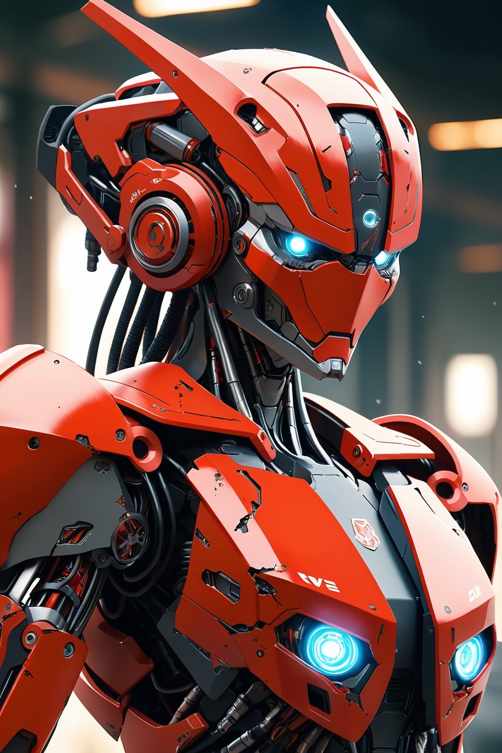 masterpiece, extremely detailed, upper body shot, cyborg, new model, evil, looking straight into camera, worn, damaged, blurry background, robot, mecha, science fiction, realistic, (((black and red color palette))), photo r3al, Wonder of Beauty, 