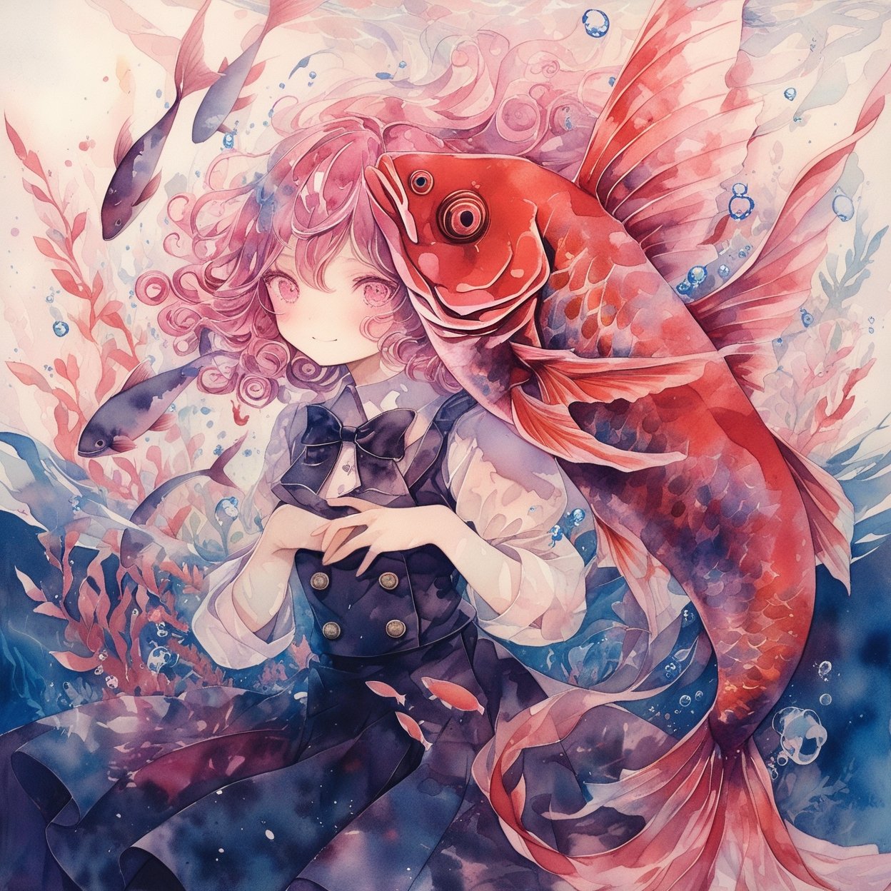 1girl, solo, fish, looking at viewer, bow, pink hair, pink eyes, shirt, dress, bangs, bowtie, smile, white shirt, closed mouth, white background, black dress, short sleeves, black bow, cowboy shot, painting (medium), short hair, buttons, own hands together, medium hair, black bowtie, skirt, curly hair, bubble, blush, simple background, animal, school uniform, puffy sleeves, sleeves rolled up, chain, red eyes, ribbon, hair ornament, goldfish, black skirt, puffy short sleeves, air bubble, wavy hair, collared shirt, water, liquid hair, hair between eyes, long hair, glowing, vest, underwater, standing  ,
masterpiece, best quality, aesthetic, ,watercolor \(medium\)