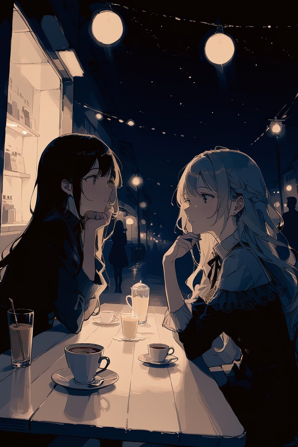 beautiful person, night, cafe, 2girls,
masterpiece, best quality, aesthetic