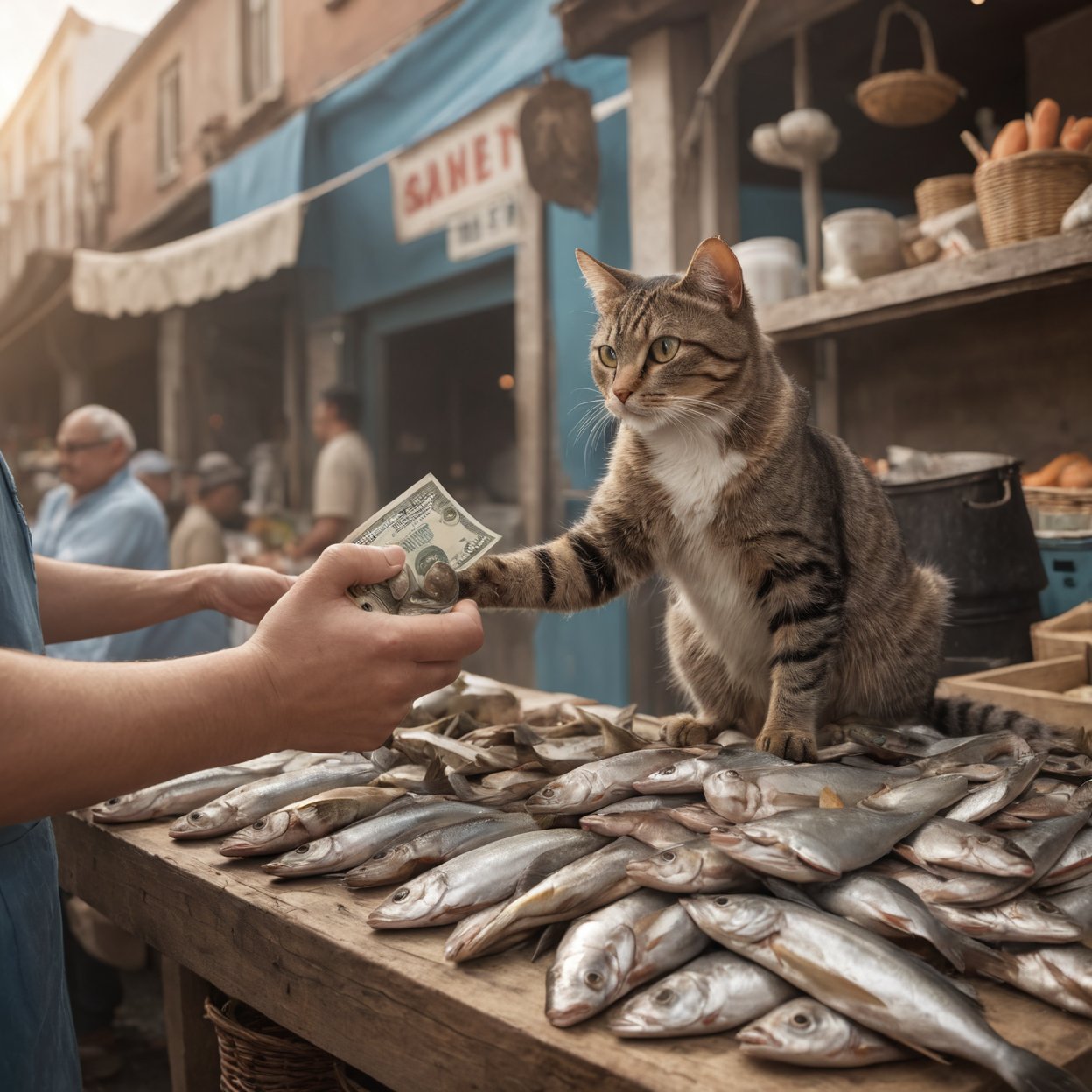 image of a hand offering money to a fishmonger cat, holding fish, ultra detailed, at the market, 