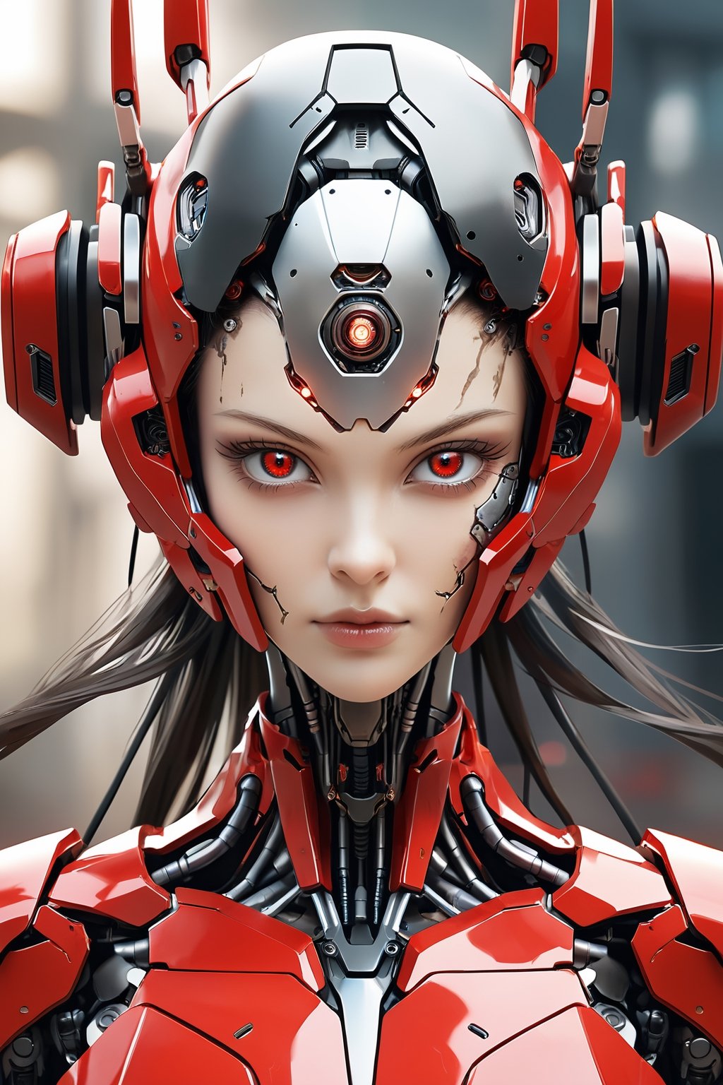 masterpiece, extremely detailed, upper body shot, cyborg, new model, evil, looking straight into camera, worn, damaged, blurry background, robot, mecha, science fiction, realistic, (((black and red color palette))), photo r3al, Wonder of Beauty, 