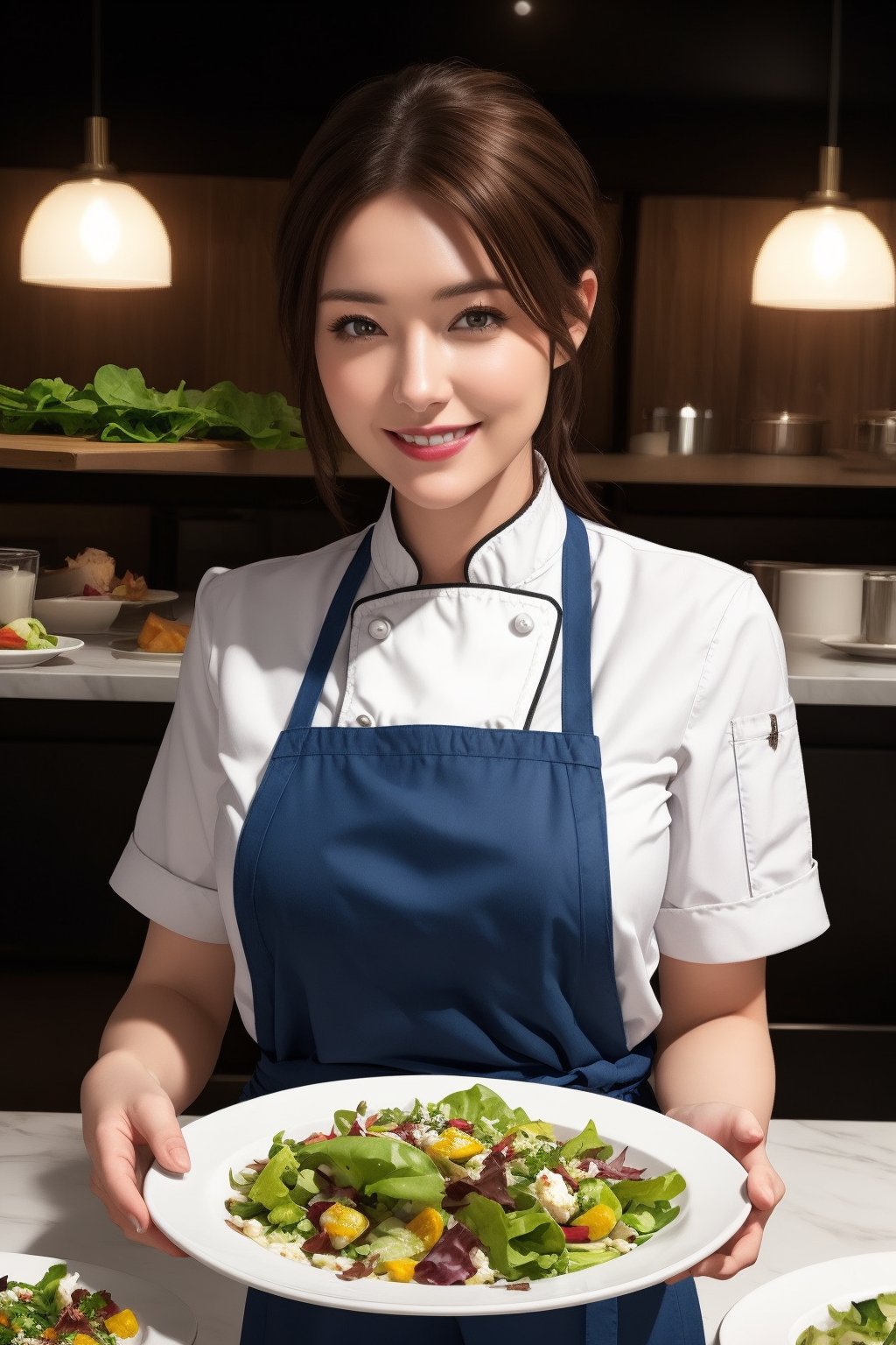 8k art photo, realistic concept art, ultra HD, realistic and vibrant colors, highly detailed UHD drawing, perfect composition, beautiful female chef in her 20s smiling while holding a plate of salad in both hands, beautifully detailed and detailed sketch, art, Soft natural volume, soft lighting, cinematic, HellAI, booth, Dave_Quiggle_Style, detailmaster2