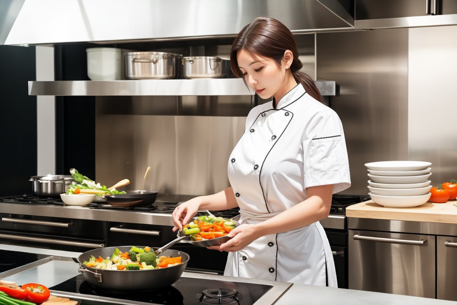 A beautiful female chef in her 20s is cooking vegetables in a frying pan in a clean restaurant kitchen. ((Chef uniform color is brown))