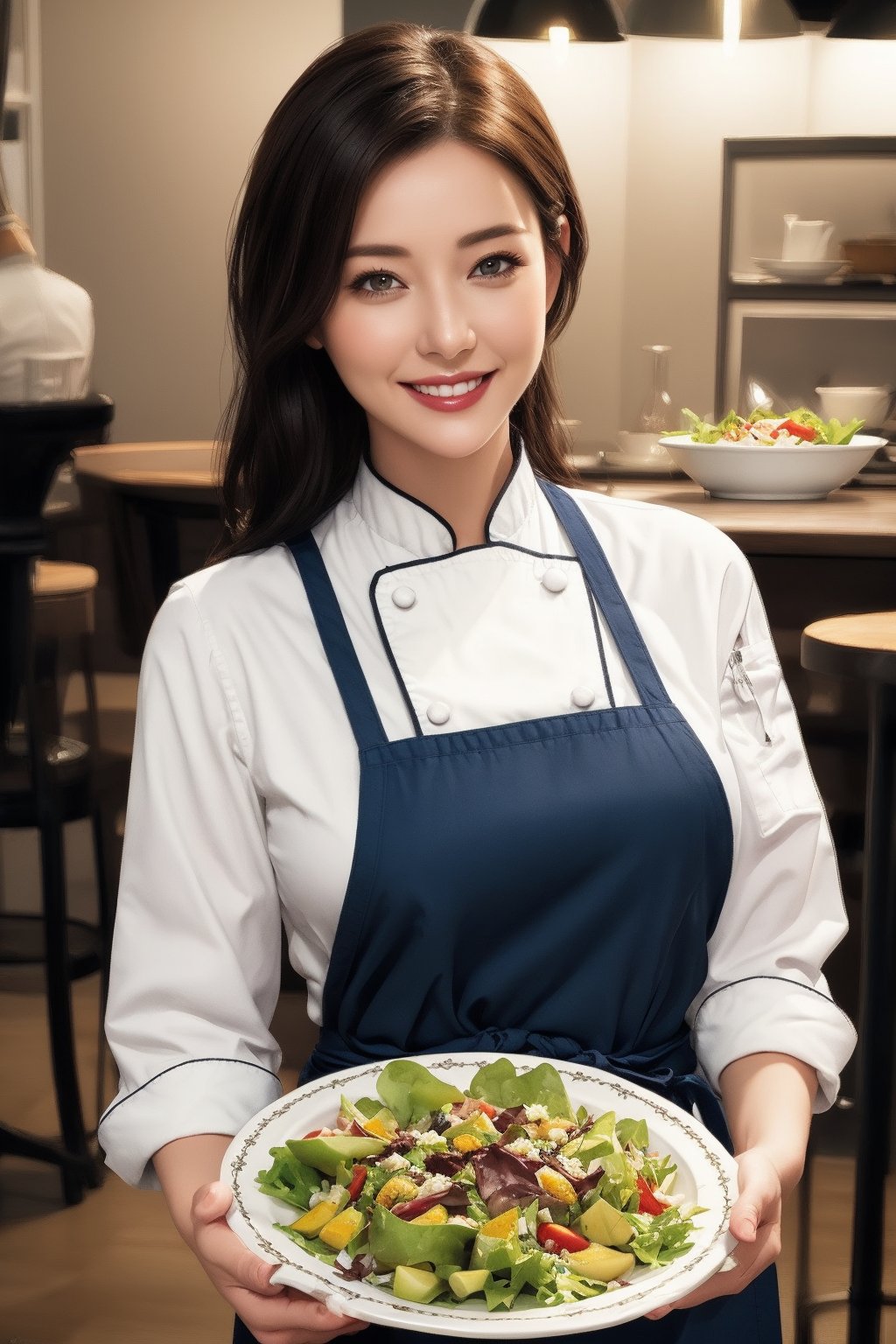 8k art photo, realistic concept art, ultra HD, realistic and vibrant colors, highly detailed UHD drawing, perfect composition, beautiful female chef in her 20s smiling while holding a plate of salad in both hands, beautifully detailed and detailed sketch, art, Soft natural volume, soft lighting, cinematic, HellAI, booth, Dave_Quiggle_Style, detailmaster2