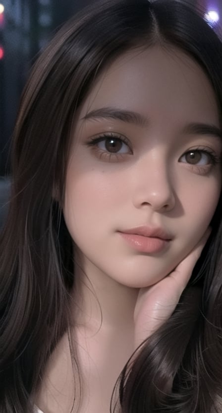 (hyperealistic detailed face:1.2), (looking at viewer:1.2), centered, upper body, award winning frontal photography, masterpiece, | (beautiful detailed eyes:1.2), long hairstyle, (black hair color), (light brown eyes), (black top), midriff peak, navel, lowleg jeans, | sunset, bokeh, depth of field, | urban, street, City, | starry sky, vaporwave color scheme, (saturated colors:1.2), ,3DMM,realhands,blurry_light_background,asian girl,better_hands