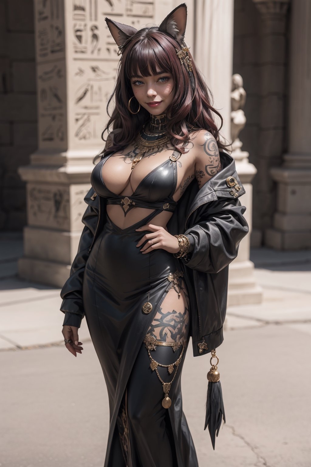 masterpiece, ultra hd, 8k,hdr, dynamic , blue eyes , hyper realistic, detailed background, finely detailed_body, big_boobs , fullbody,1girl, very long hairstyle, (deep red hair color:1.2), (bright eyes:1.1), |  egyptian, egyptian clothes , egypt godess ,egypt , hecate , fox_ears , seethru , Animal ear,perfecteyes , ,Detailedface,Detailedeyes,mechanical_arms,cybernetic_enhancements,GlowingRunes_gold,tample, goth girl, gothic, makeup, black lips,tattoos,goth girl,gothic,Realistic,IncrsAnyasHehFaceMeme