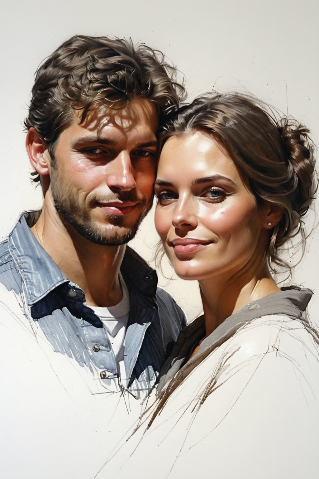 Masterpiece, best quality, dreamwave, aesthetic, portrait: 1 wife, 1 husband 26 years old and 1boy- chield 2 years old, open look, (looking into the eyes), smiling charmingly, short brown hair, sketch, lineart, pencil, white background, portrait by Alexanov, Style by Nikolay Feshin, artistic oil painting stick,charcoal \(medium\),