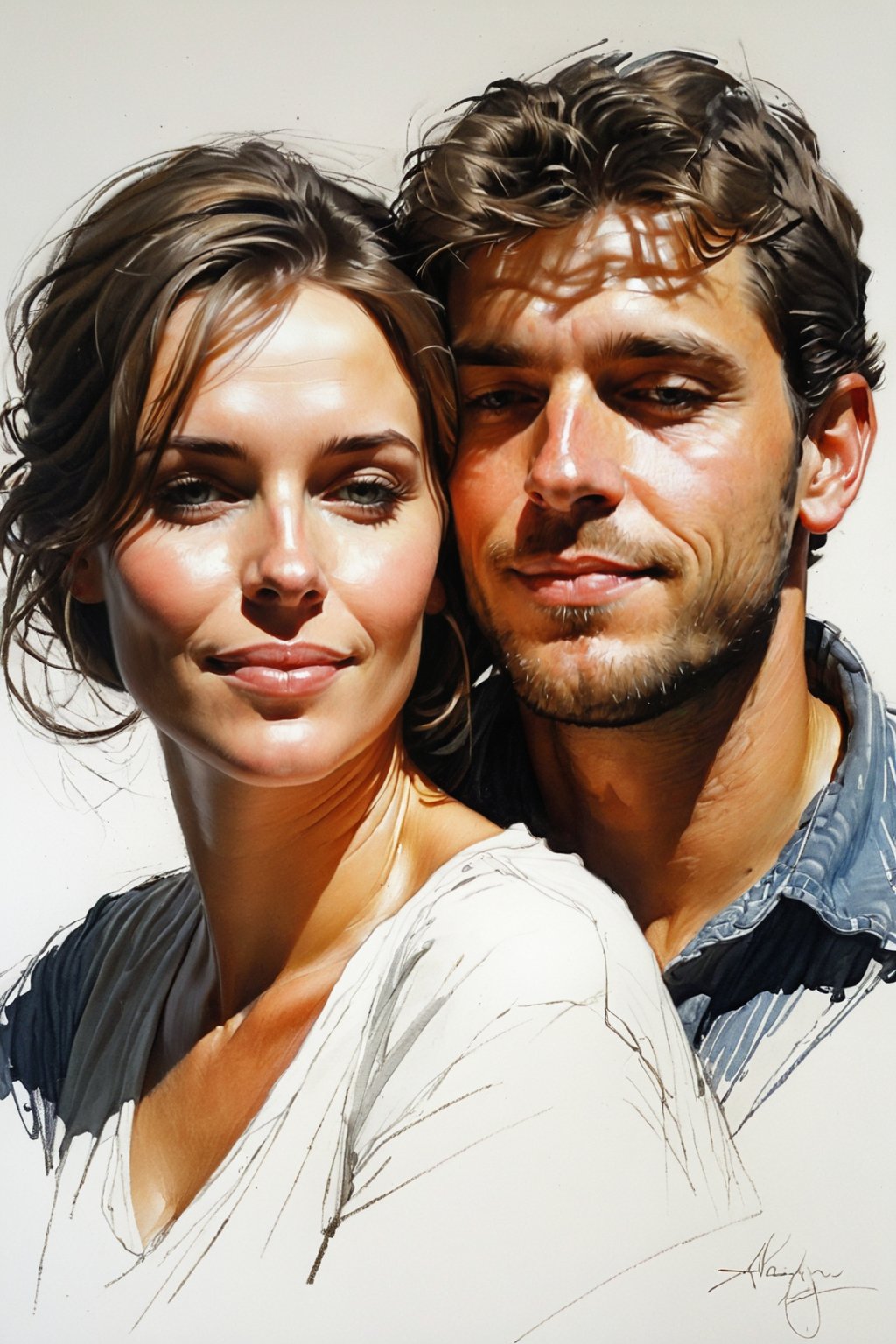 Masterpiece, best quality, dreamwave, aesthetic, portrait: 1 wife, 1 husband 26 years old and 1boy- chield 2 years old, open look, (looking into the eyes), smiling charmingly, short brown hair, sketch, lineart, pencil, white background, portrait by Alexanov, Style by Nikolay Feshin, artistic oil painting stick,charcoal \(medium\),