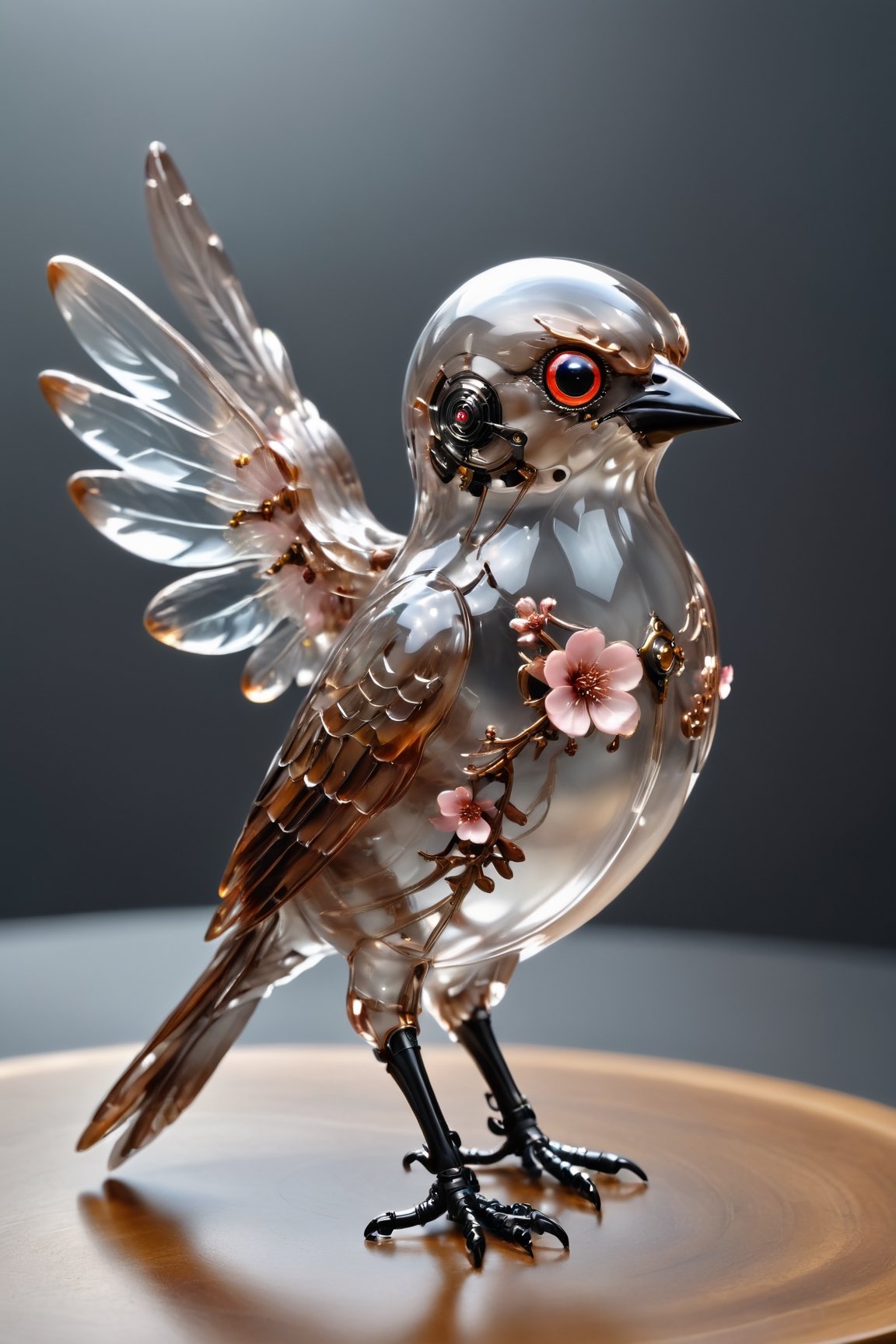 CHERRYBLOSSOM,Transparent Cyborg Grayish Baywing,glass made mechanical cute bird about 7 inches long,(brownish-gray plumage), the wings feathers have a reddish-brown tone, The region between the eyes and nostrils is black,  it has black eyes,  black legs,okeh,japanese art,c1bo,japanese style,Clear Glass Skin