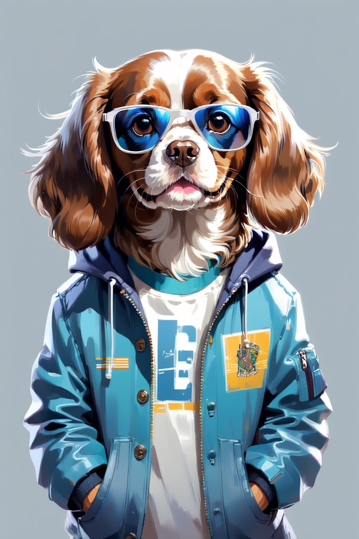 Perfect centering, Cute brown english cokker spaniel, Wear a student team jacket, Wearing sunglasses, Wearing headphones, cheerfulness, Standing position, Abstract beauty, Centered, Looking at the camera, Facing the camera, Approaching perfection, Dynamic, Highly detailed, Smooth, Sharp Focus, 8K, hight resolution, Illustration, art by carne griffiths and wadim kashin, White background