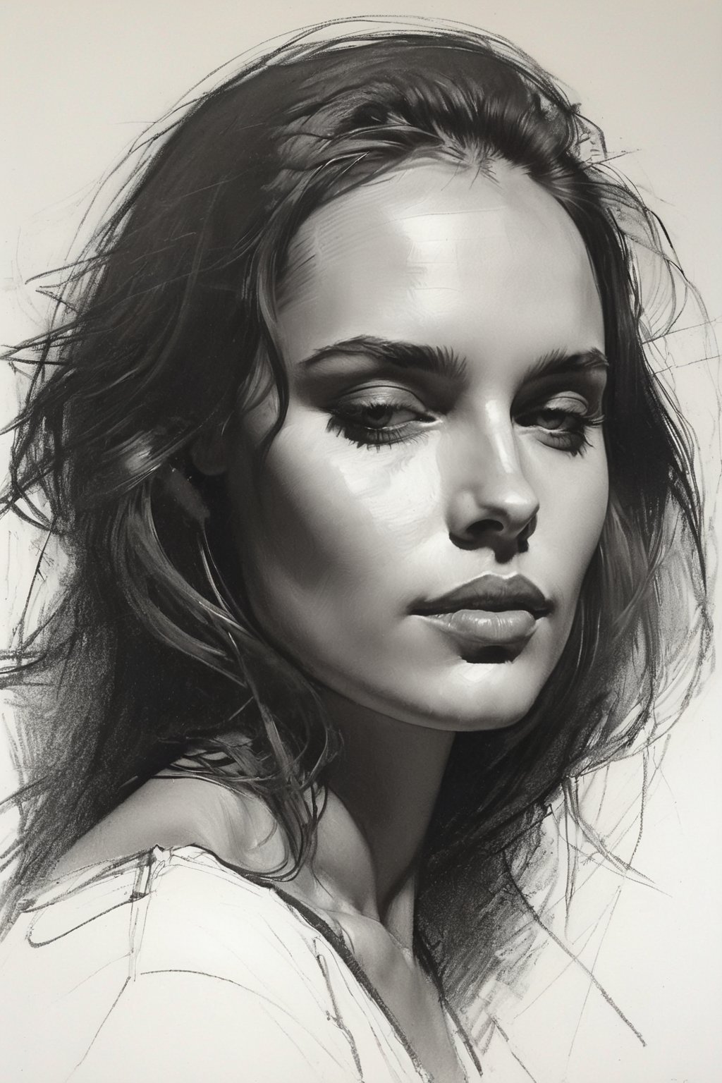 Masterpiece, best quality, dreamwave, aesthetic, 1woman, open look, (looking into the eyes), charming sexy half-smile, sketch, lineart, pencil, white background, portrait by Alizee, Style by Nikolay Feshin, artistic oil painting stick,charcoal \(medium\),