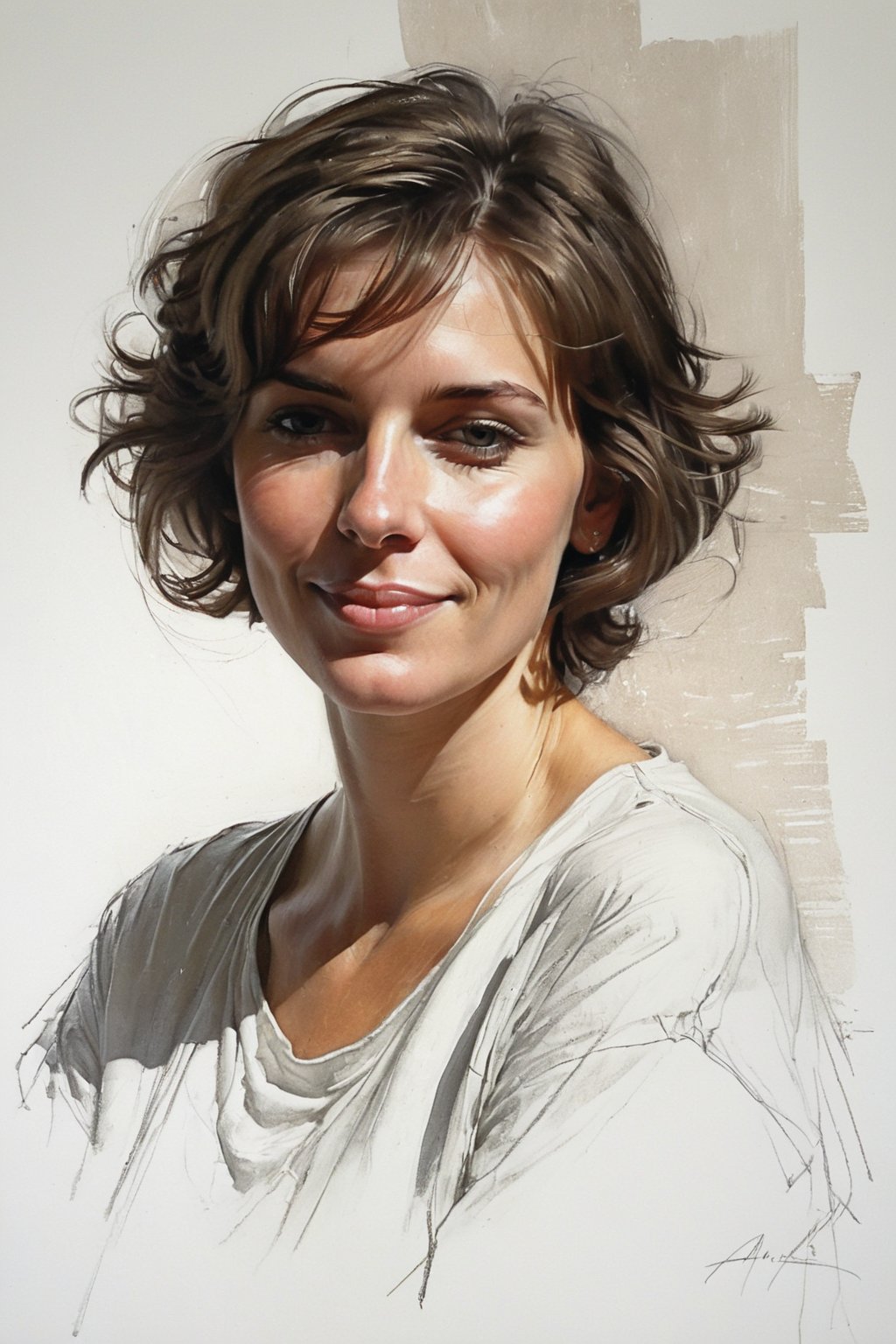 Masterpiece, best quality, dreamwave, aesthetic, portrait: 1 wife, 1 husband 26 years old and 1boy- chield 2 years old, open look, (looking into the eyes), smiling charmingly, short brown hair, sketch, lineart, pencil, white background, portrait by Alexanov, Style by Nikolay Feshin, artistic oil painting stick,charcoal \(medium\),