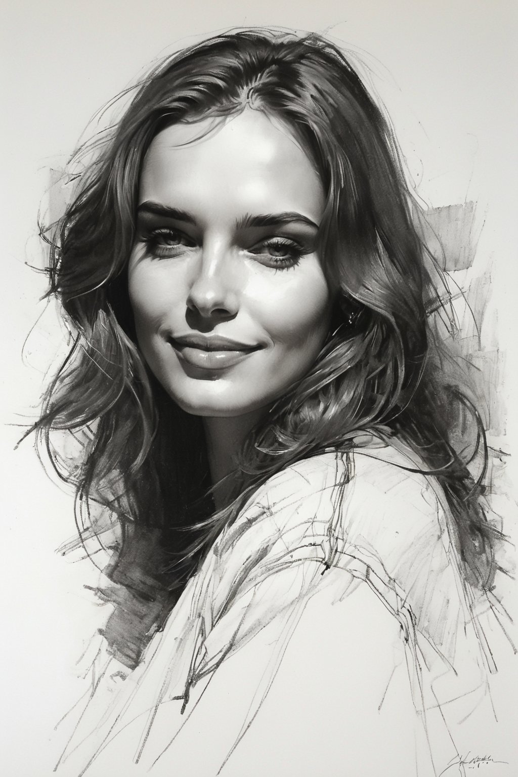 Masterpiece, best quality, dreamwave, aesthetic, 1woman, open look, (looking into the eyes), smiling charmingly sexy, sketch, lineart, pencil, white background, portrait by Katerina Shpitsa russian actress, Style by Nikolay Feshin, artistic oil painting stick,charcoal \(medium\),