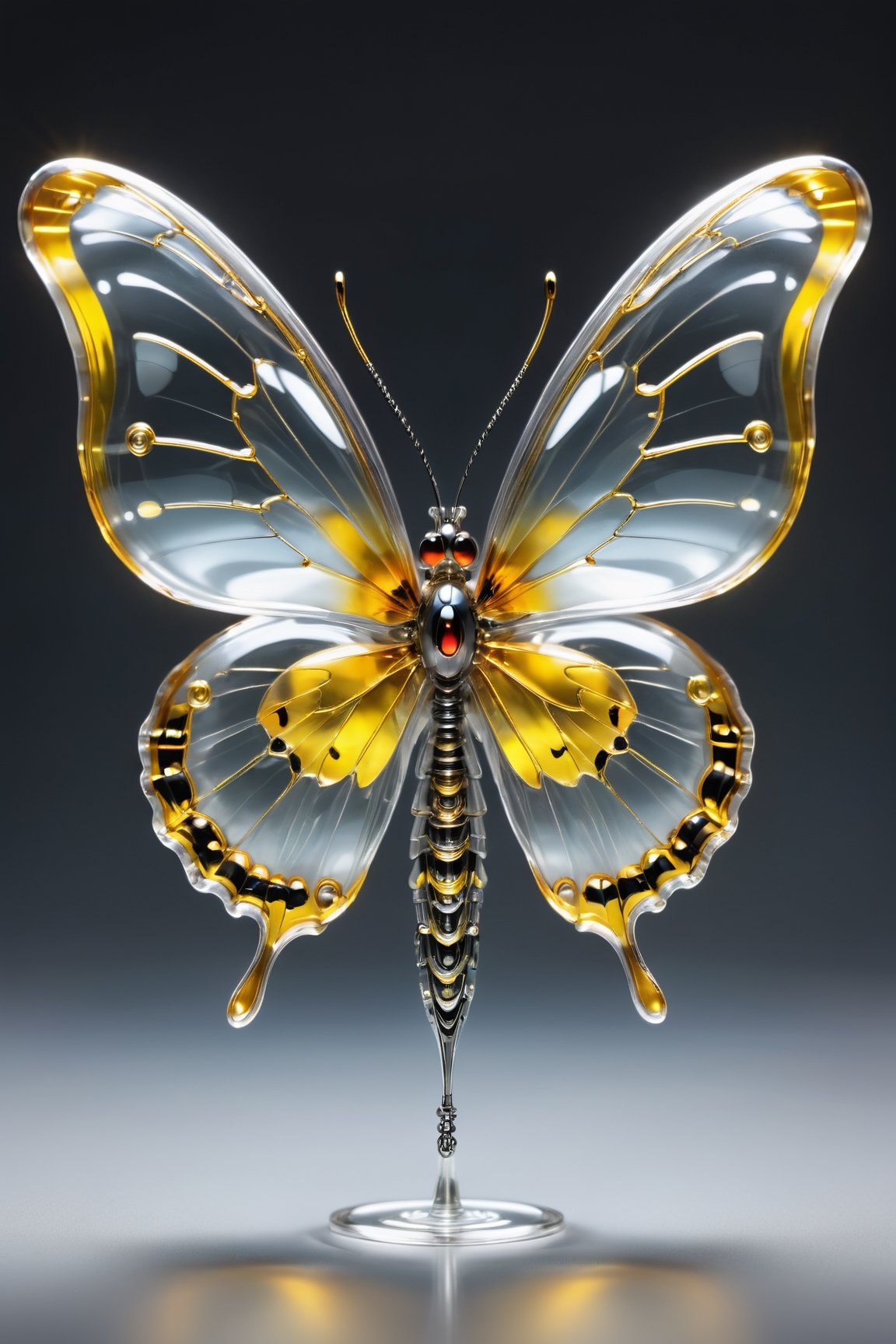 Transparent Cyborg Greyish-Bywing,Glass mechanical cute butterfly about 7 inches long,(bright plumage),the wings have a reddish-golden tint,the area between the wings is lemon,black hairs on the legs,okeh,,Sorayama style,transparent glass skin