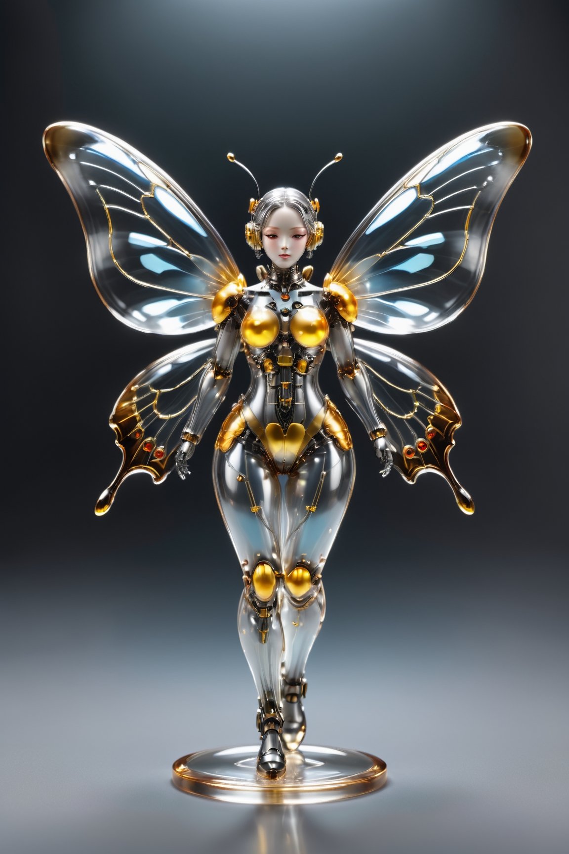 CHERRYBLOSSOM,Transparent Cyborg Greyish-Bywing,Glass mechanical cute butterfly about 7 inches long,(bright plumage),the wings have a reddish-golden tint,the area between the wings is lemon,black hairs on the legs,okeh,,Sorayama style,transparent glass skin