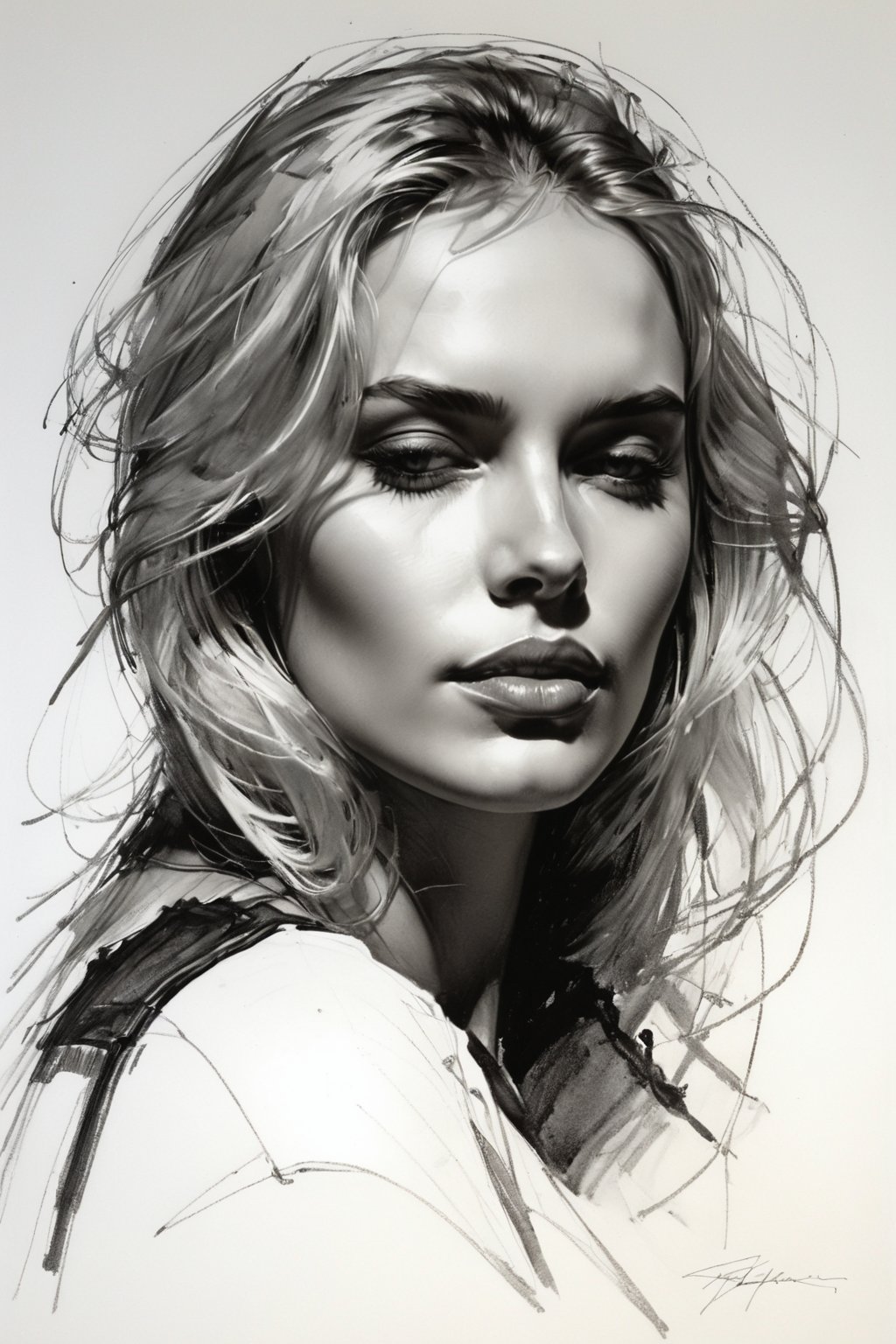 Masterpiece, best quality, dreamwave, aesthetic, 1woman, open look, (looking into the eyes), charming sexy half-smile, blonde hair, sketch, lineart, pencil, white background, portrait by Katerina Shpitsa russian actress, Style by Nikolay Feshin, Style by Hajama Sorayama, artistic oil painting stick,charcoal \(medium\),