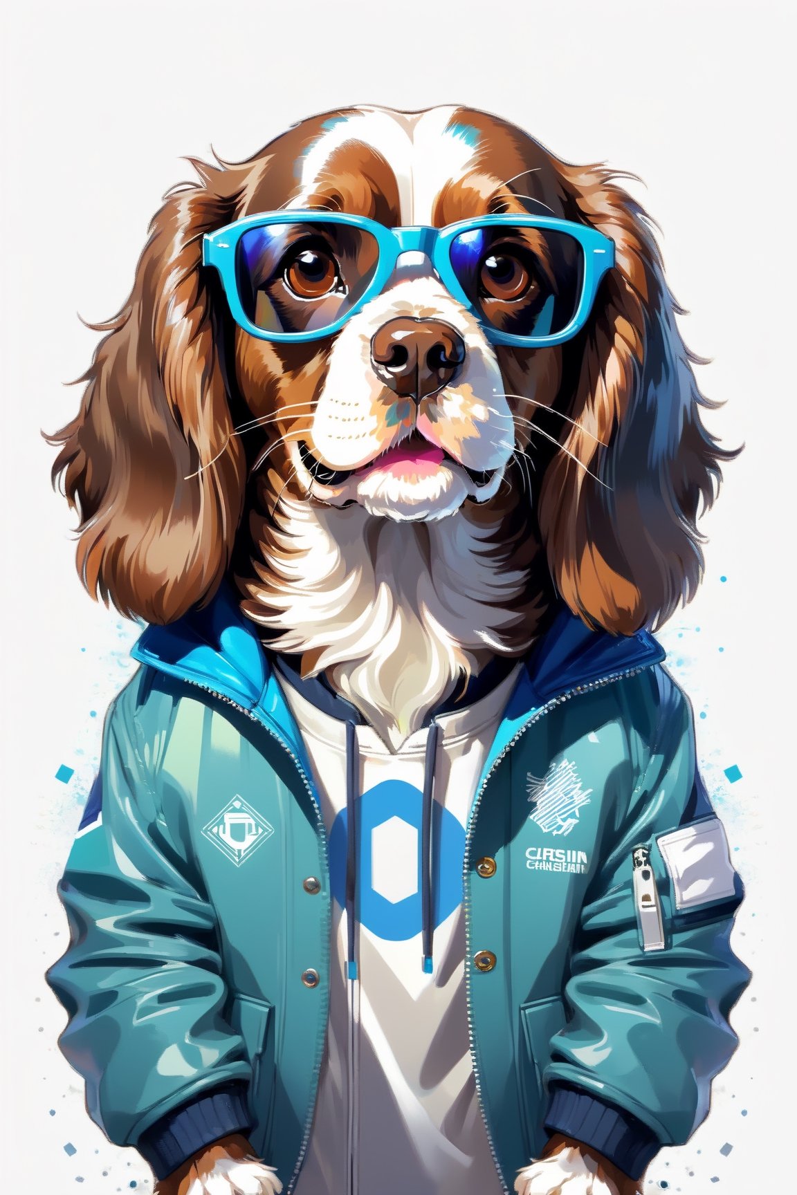 Perfect centering, Cute brown english cokker spaniel, Wear a student team jacket, Wearing sunglasses, Wearing headphones, cheerfulness, Standing position, Abstract beauty, Centered, Looking at the camera, Facing the camera, Approaching perfection, Dynamic, Highly detailed, Smooth, Sharp Focus, 8K, hight resolution, Illustration, art by carne griffiths and wadim kashin, White background