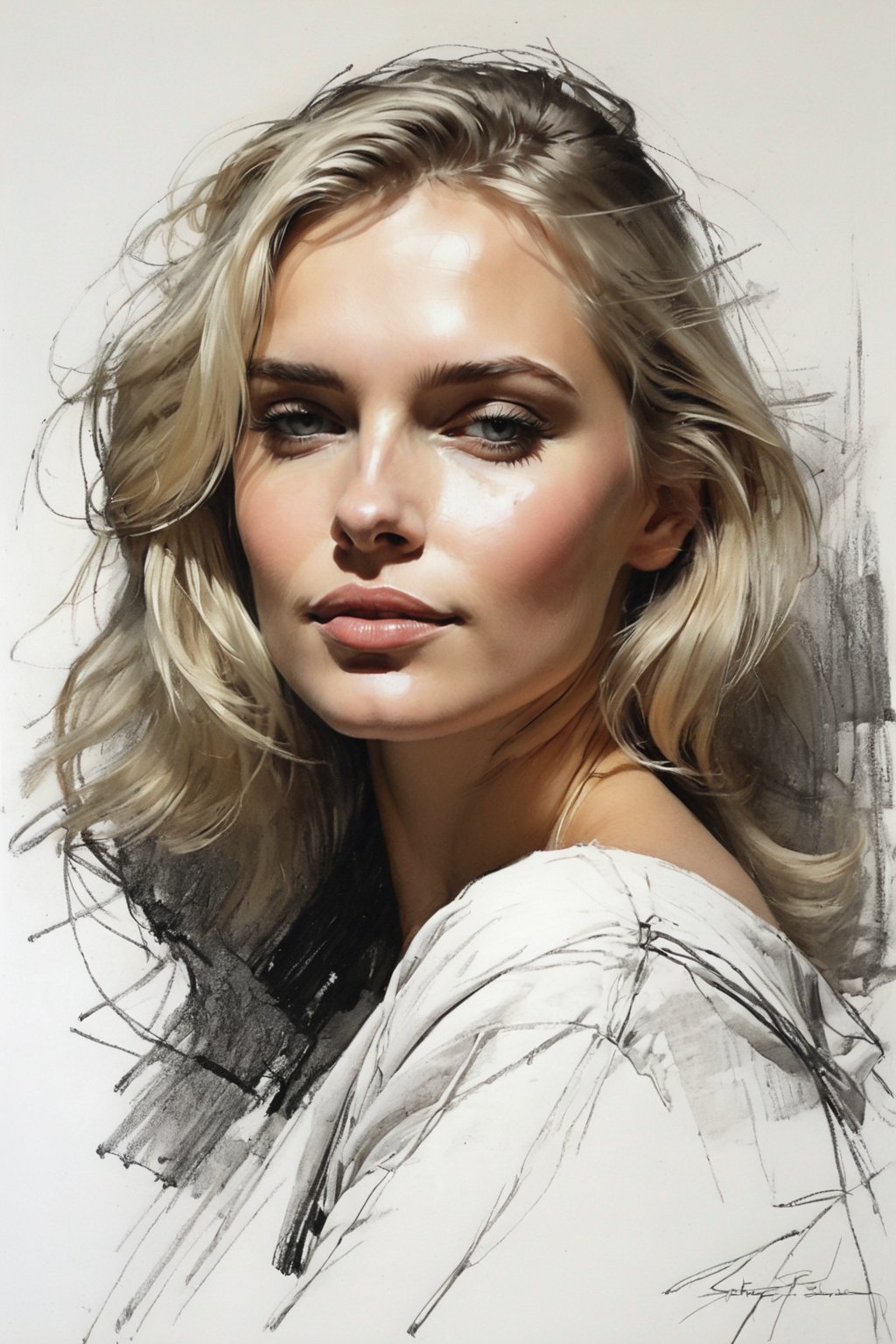 Masterpiece, best quality, dreamwave, aesthetic, 1woman, open look, (looking into the eyes), charming sexy half-smile, blonde hair, sketch, lineart, pencil, white background, portrait by Katerina Shpitsa russian actress, Style by Nikolay Feshin, artistic oil painting stick,charcoal \(medium\),