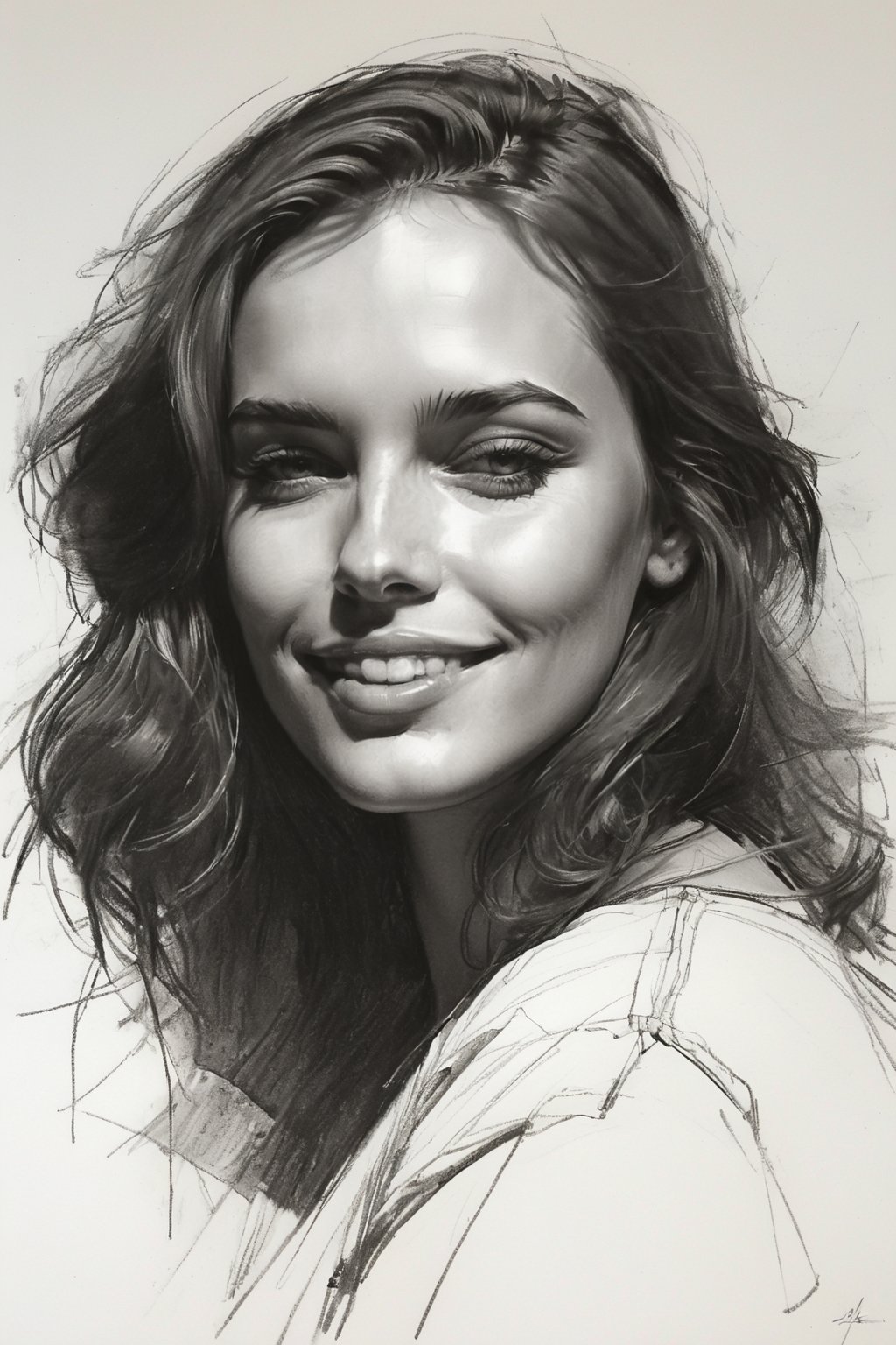 Masterpiece, best quality, dreamwave, aesthetic, 1woman, open look, (looking into the eyes), smiling charmingly sexy, sketch, lineart, pencil, white background, portrait by Alizee, Style by Nikolay Feshin, artistic oil painting stick,charcoal \(medium\),