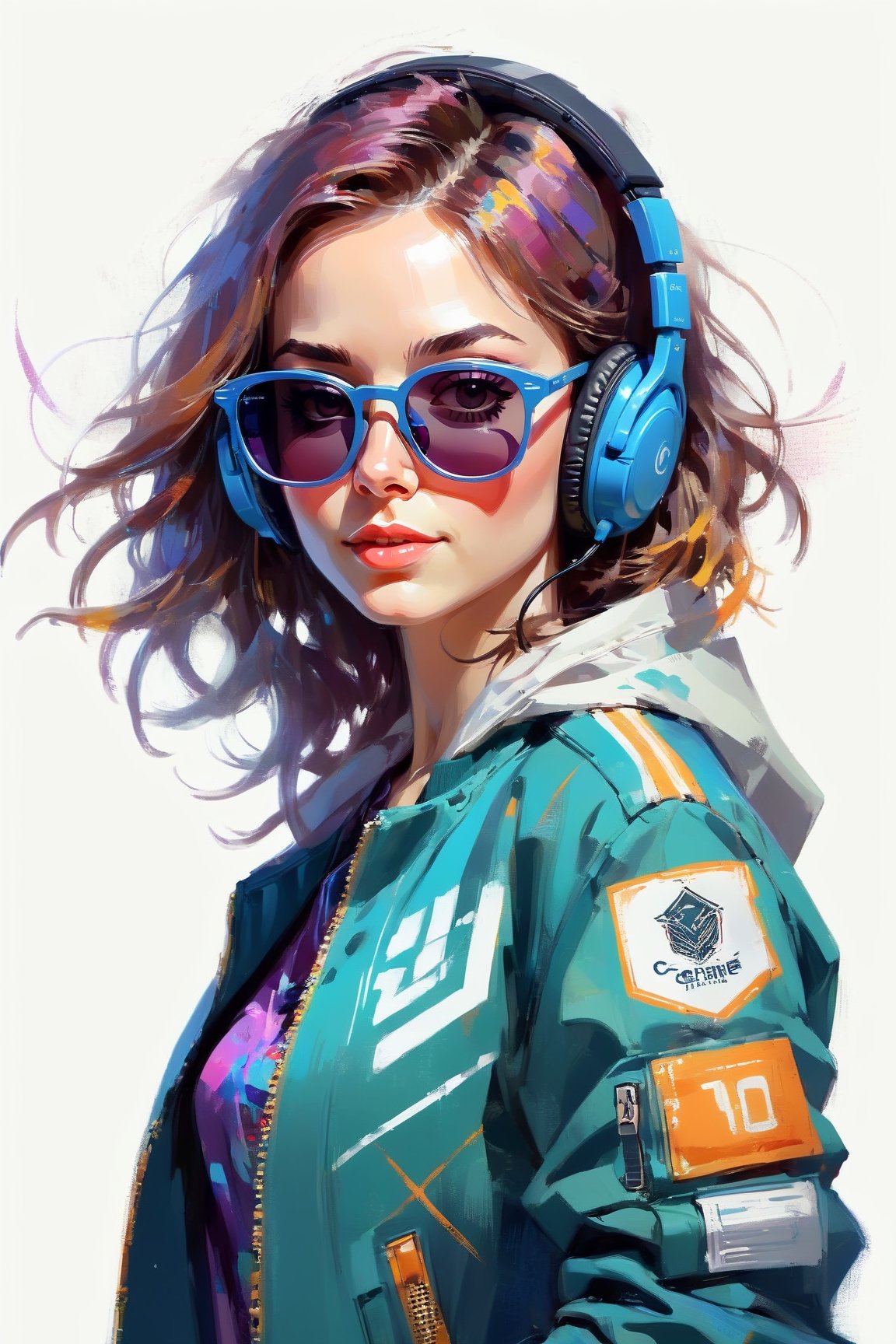 Perfect centering, Cute woman 35 years old, Wear a student team jacket, Wearing sunglasses, Wearing headphones, cheerfulness, Standing position, Abstract beauty, Centered, Looking at the camera, Facing the camera, Approaching perfection, Dynamic, Highly detailed, Smooth, Sharp Focus, 8K, hight resolution, Illustration, art by carne griffiths and wadim kashin, White background