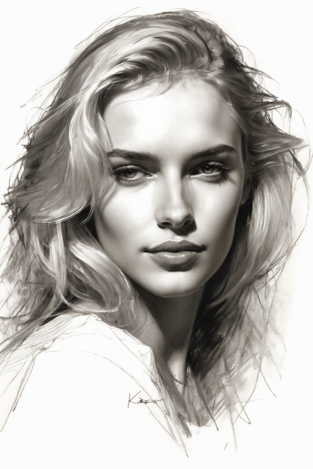 Masterpiece, best quality, dreamwave, aesthetic, 1woman, open look, (looking into the eyes), charming sexy half-smile, blonde hair, sketch, lineart, pencil, white background, portrait by Katerina Shpitsa russian actress, Style by Nikolay Feshin, artistic oil painting stick,charcoal \(medium\),