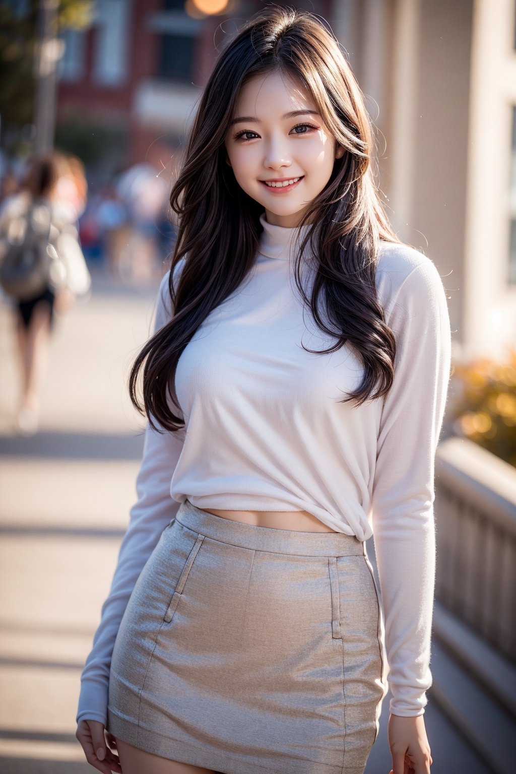 (best quality, masterpiece:1.2),ultra detailed,(photo realistic:1.4),solo,sexy lady,autumn short skirt, a touching smile ,College student,blurry_light_background