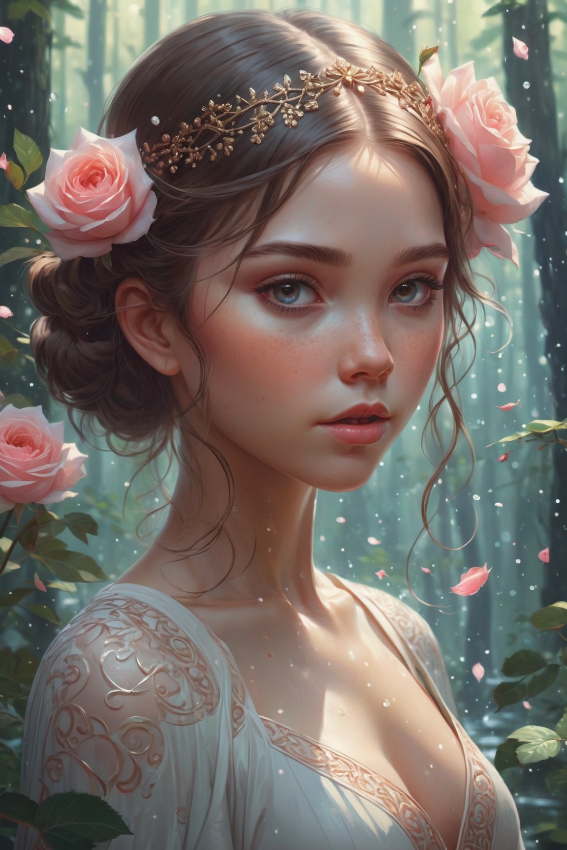 a very beautiful savage symmetric girl, (little niña ), water particles flying around, mandala, fantastic forest, fantasy, surrounded by roses , portrait,  sharp focus, intricate, elegant, digital painting, artstation, (highly detailed), (full body  ), concept art, illustration, ambient lighting, art by ilya kuvshinov, artgerm, alphonse mucha, greg rutkowski, midsonmar