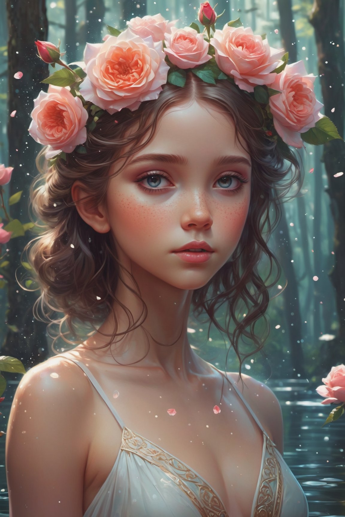 a very beautiful savage symmetric girl, (little niña ), water particles flying around, mandala, fantastic forest, fantasy, surrounded by roses , portrait,  sharp focus, intricate, elegant, digital painting, artstation, (highly detailed), (full body  ), concept art, illustration, ambient lighting, art by ilya kuvshinov, artgerm, alphonse mucha, greg rutkowski, midsonmar