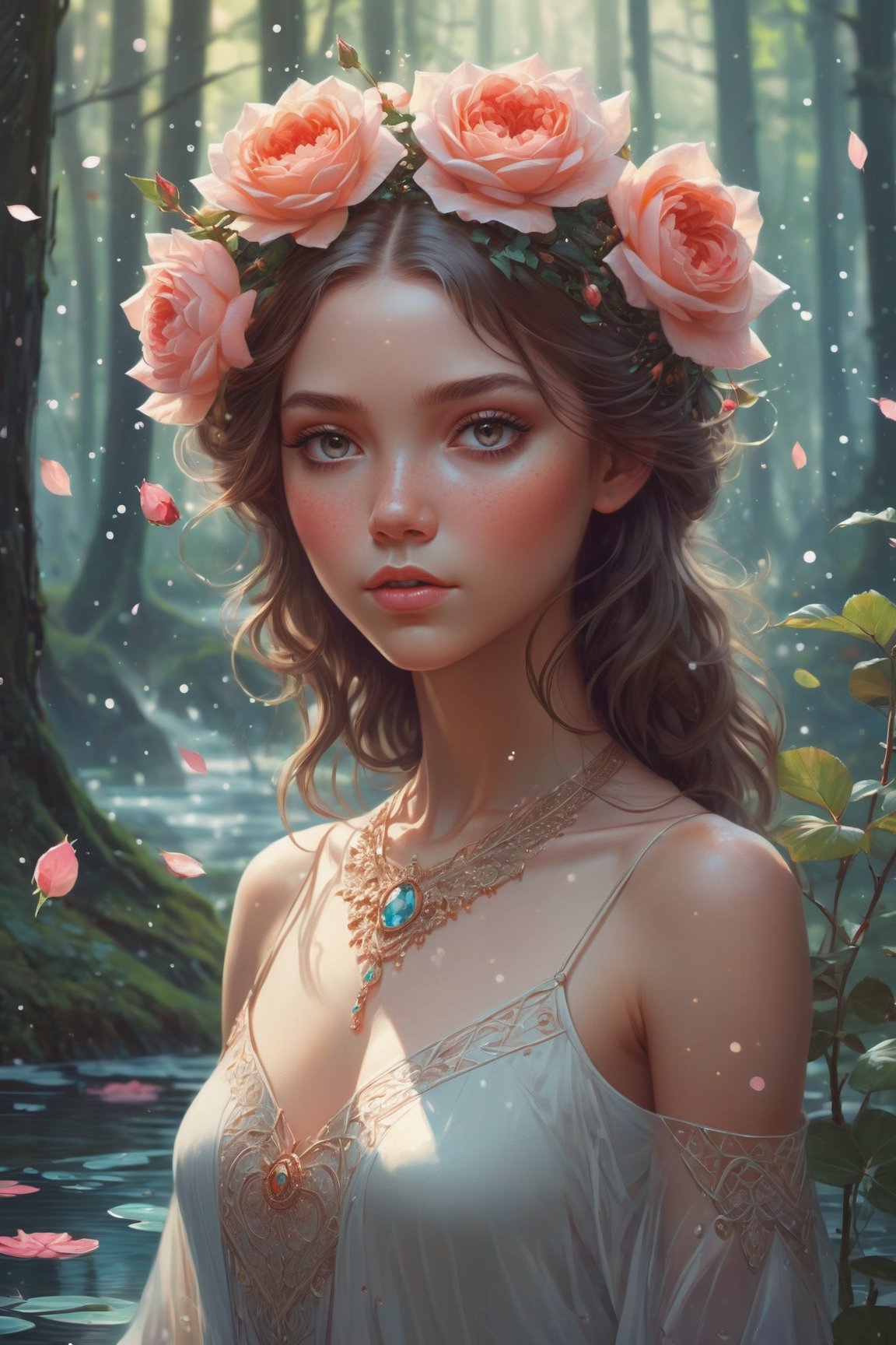 a very beautiful savage symmetric girl, (little niña ), water particles flying around, mandala, fantastic forest, fantasy, surrounded by roses , portrait,  sharp focus, intricate, elegant, digital painting, artstation, (highly detailed), (full body  ), concept art, illustration, ambient lighting, art by ilya kuvshinov, artgerm, alphonse mucha, greg rutkowski, midsonmar