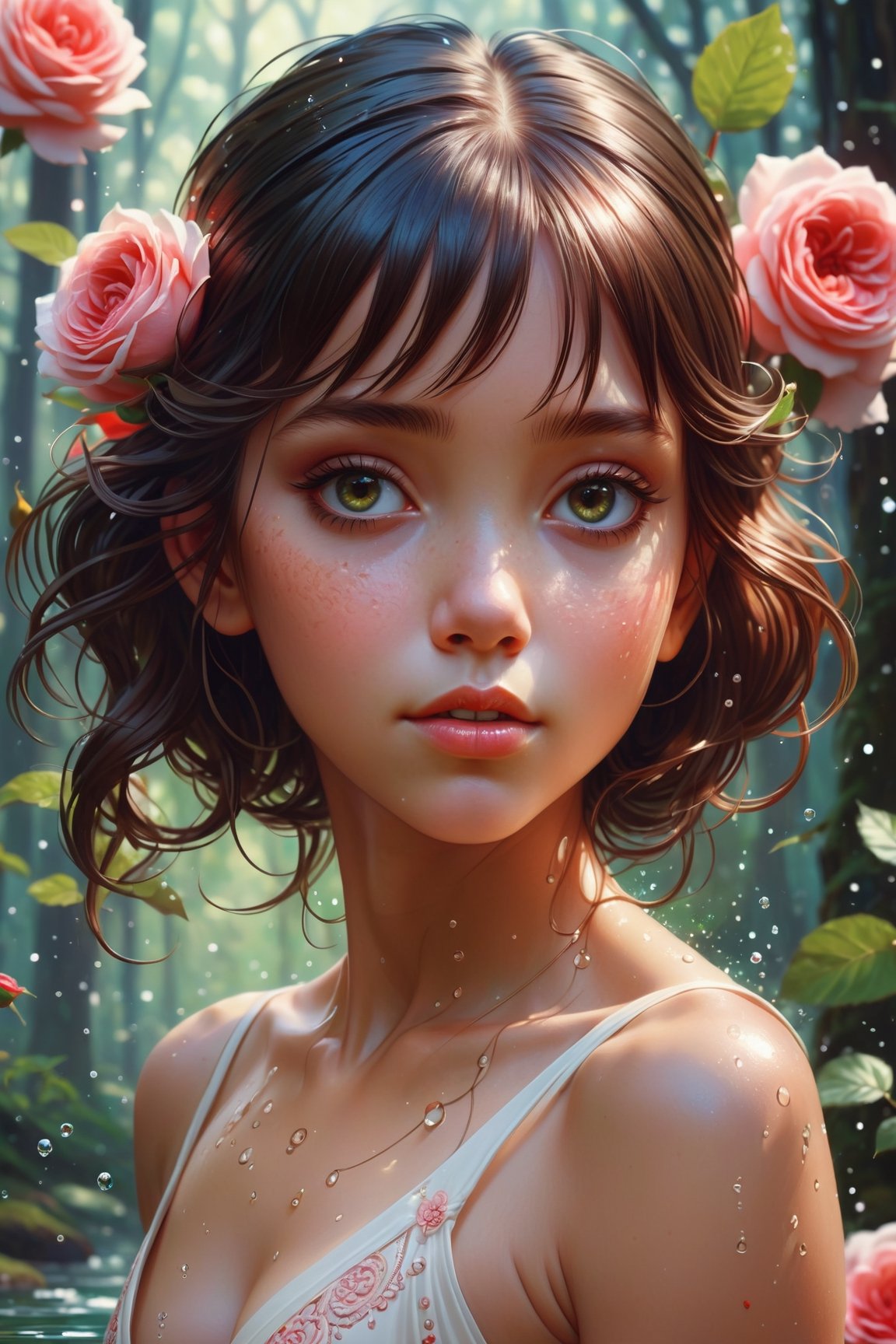 Ultra realistic, a very beautiful savage symmetric girl, (little niña ), water particles flying around, mandala, fantastic forest, fantasy, surrounded by roses , portrait,  sharp focus, intricate, elegant, digital painting, artstation, (highly detailed), (full body  ), concept art, illustration, ambient lighting, art by ilya kuvshinov, artgerm, alphonse mucha, greg rutkowski, midsonmar