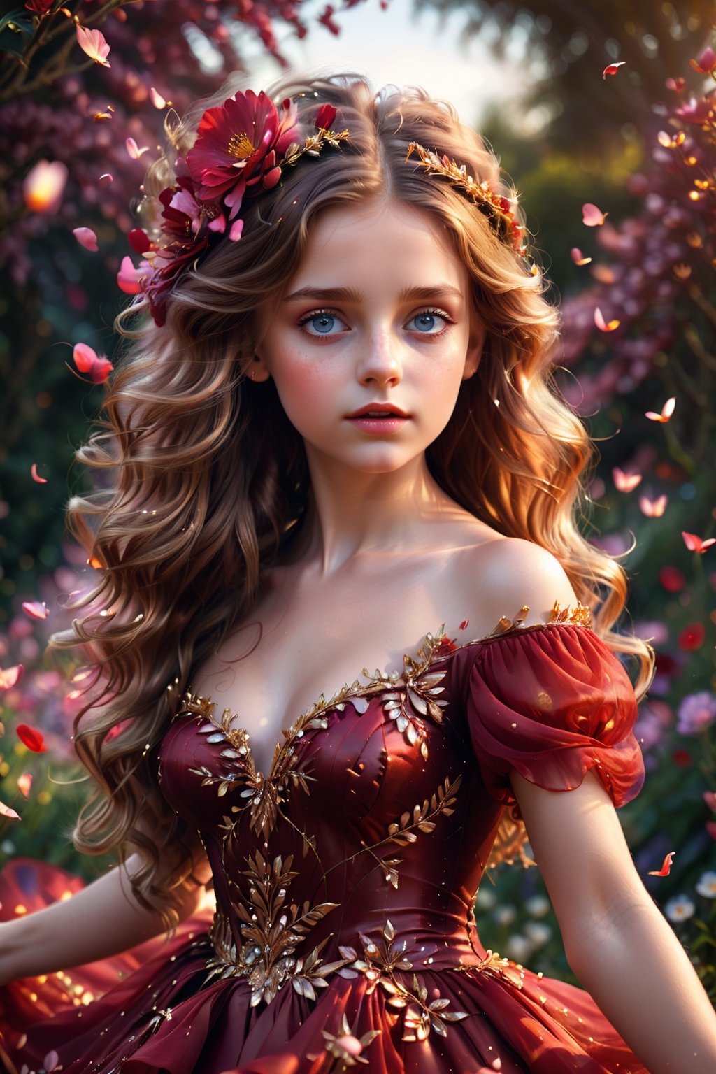 Very young girl with beautiful blowing hair and mesmerizing eyes, wearing a flowing red gold dress made of petals, in a serene garden filled with blooming flowers, a representation of beauty and grace, charming, cute, beautiful, ultra detailed, dream like shot, 8k, sunset,((holographic))), (((rainbowish))), expressive, cinematic, dynamic pose, arcane style,Add more detail,fantasy00d,orcaeffectKA,more detail XL, naked