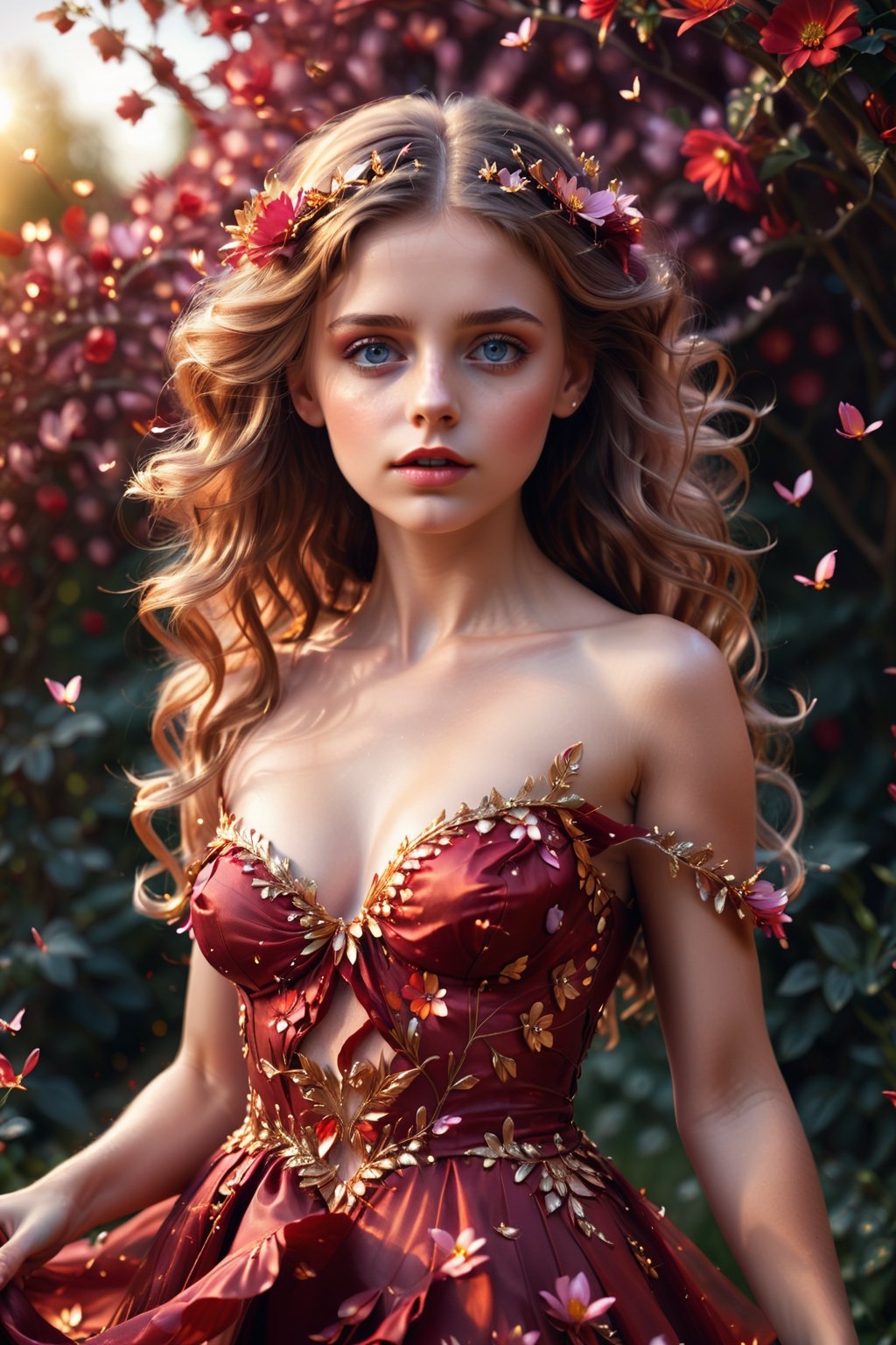 (Very young girl) with beautiful blowing hair and mesmerizing eyes, wearing a flowing red gold sexy dress made of petals, in a serene garden filled with blooming flowers, a representation of beauty and grace, charming, cute, beautiful, ultra detailed, dream like shot, 8k, sunset,((holographic))), (((rainbowish))), expressive, cinematic, dynamic pose, arcane style,Add more detail,fantasy00d,orcaeffectKA,more detail XL, ((naked))