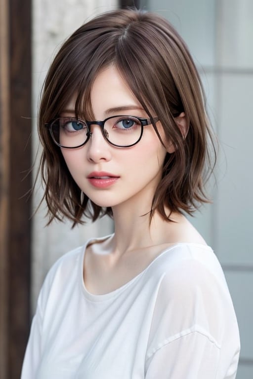 glasses, 1girl, solo, short_hair, shirt, white_shirt, blue_eyes, looking_at_viewer, bangs, brown_hair, collarbone, hair_between_eyes, upper_body, black-framed_eyewear, open_mouth, red_hair, parted_lips, (Style-Winter:0.4),
,mai