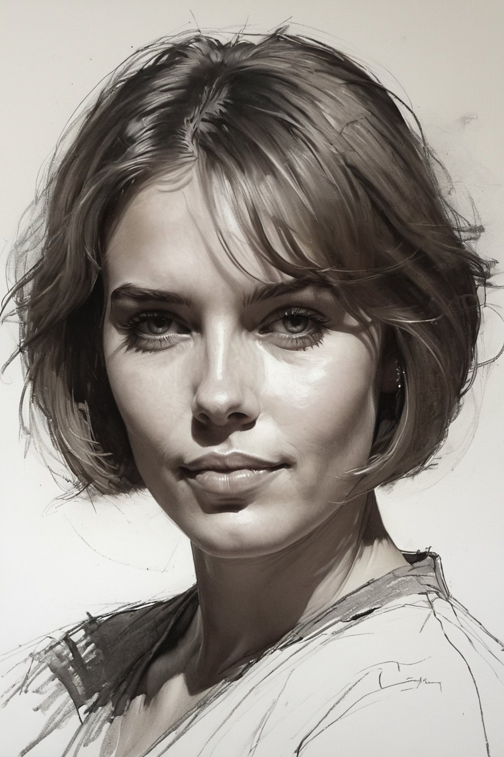 Masterpiece, best quality, dreamwave, aesthetic, 1male 26 years old and 1girl- chield 1years old, open look, (looking into the eyes), smiling charmingly, short brown hair, bob hairstyle, sketch, lineart, pencil, white background, portrait by Nikolay Alexanov, Style by Nikolay Feshin, Style by Zhaoming Wu, artistic oil painting stick,charcoal \(medium\), 