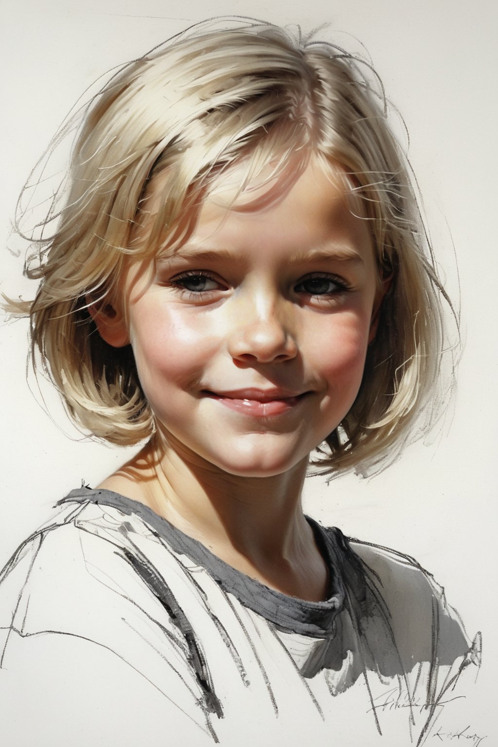 Masterpiece, best quality, dreamwave, aesthetic, 1girl- chield 4 years old, open look, (looking into the eyes), smiling charmingly, short blonde hair, bob hairstyle, sketch, lineart, pencil, white background, portrait by Nikolay Alexanov, Style by Nikolay Feshin, artistic oil painting stick,charcoal \(medium\), 