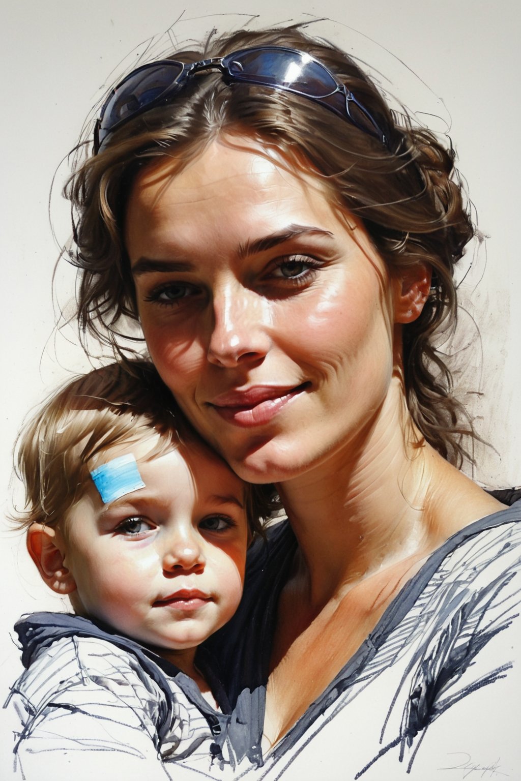 Masterpiece, best quality, dreamwave, aesthetic, portrait: 1 wife, 1 husband 26 years old and 1boy- chield 2 years old, open look, (looking into the eyes), smiling charmingly, short brown hair, sketch, lineart, pencil, white background, portrait by Alexanov, Style by Nikolay Feshin, artistic oil painting stick,charcoal \(medium\),