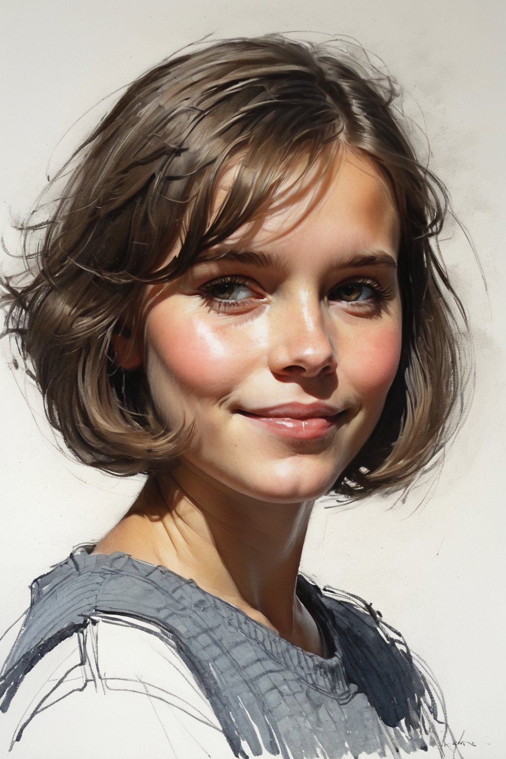 Masterpiece, best quality, dreamwave, aesthetic, 1girl- chield 4 years old, open look, (looking into the eyes), smiling charmingly, short brown hair, bob hairstyle, sketch, lineart, pencil, white background, portrait by Nikolay Alexanov, Style by Nikolay Feshin, Style by Zhaoming Wu, artistic oil painting stick,charcoal \(medium\), 