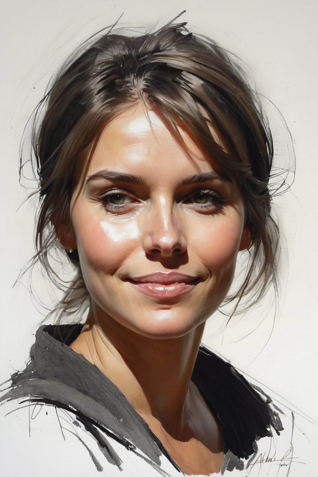 Masterpiece, best quality, dreamwave, aesthetic, portrait: 1 wife 22years old, 1 husband 26 years old and 1boy- chield 2 years old, open look, (looking into the eyes), smiling charmingly, short brown hair, sketch, lineart, pencil, white background, portrait by Alexanov, Style by Nikolay Feshin, artistic oil painting stick,charcoal \(medium\),