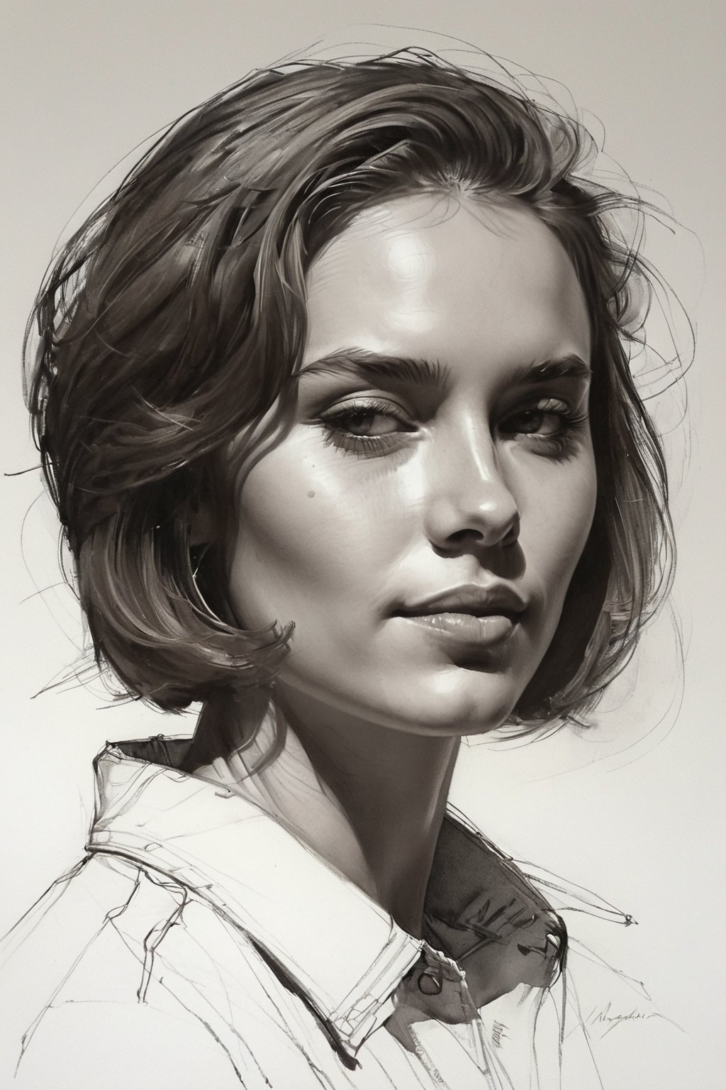 Masterpiece, best quality, dreamwave, aesthetic, 1male 26 years old and 1girl- chield 1years old, open look, (looking into the eyes), smiling charmingly, short brown hair, bob hairstyle, sketch, lineart, pencil, white background, portrait by Nikolay Alexanov, Style by Nikolay Feshin, Style by Zhaoming Wu, artistic oil painting stick,charcoal \(medium\), 