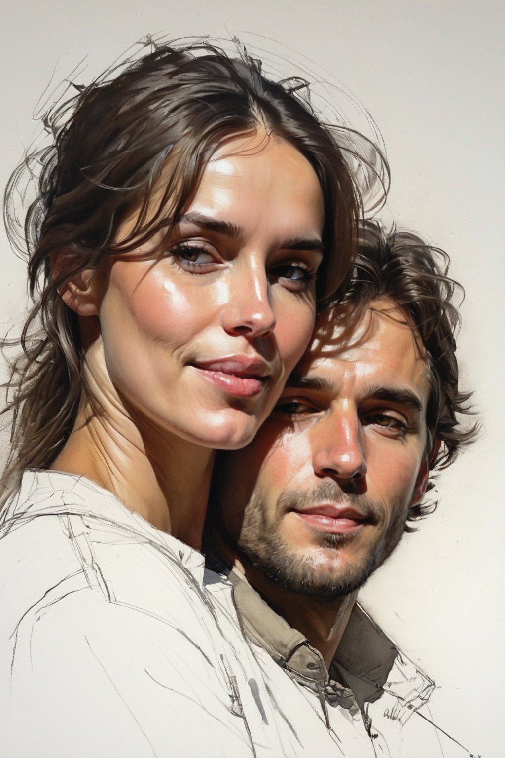 Masterpiece, best quality, dreamwave, aesthetic, portrait: 1 wife, 1 husband 26 years old and 1boy- chield 2 years old, open look, (looking into the eyes), smiling charmingly, short brown hair, sketch, lineart, pencil, white background, portrait by Alexanov, Style by Nikolay Feshin, artistic oil painting stick,charcoal \(medium\),