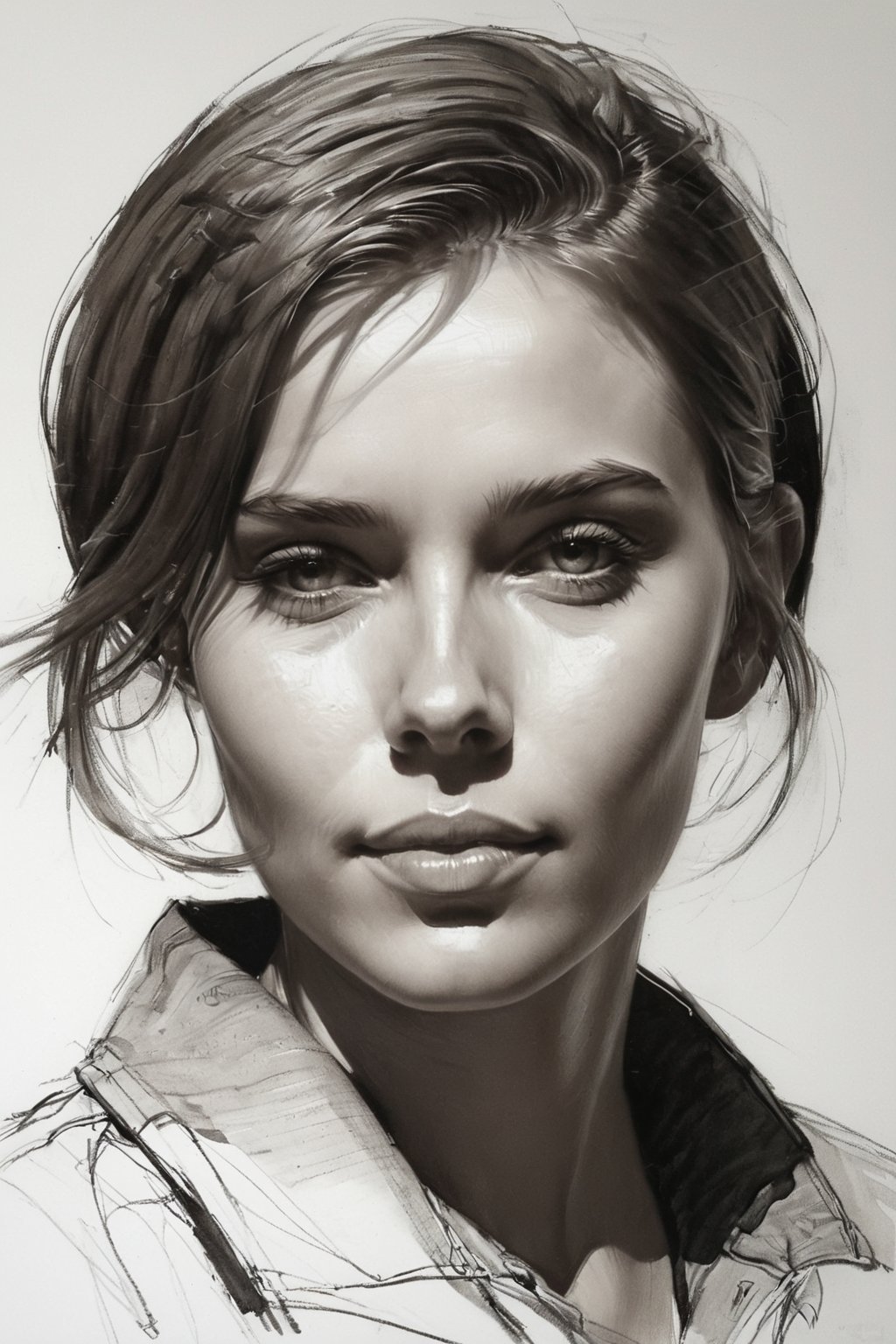 Masterpiece, best quality, dreamwave, aesthetic, 1male 26 years old and 1girl- chield 1years old, open look, (looking into the eyes), smiling charmingly, short brown hair, bob hairstyle, sketch, lineart, pencil, white background, portrait by Nikolay Alexanov, Style by Nikolay Feshin, Style by Zhaoming Wu, artistic oil painting stick,charcoal \(medium\), 