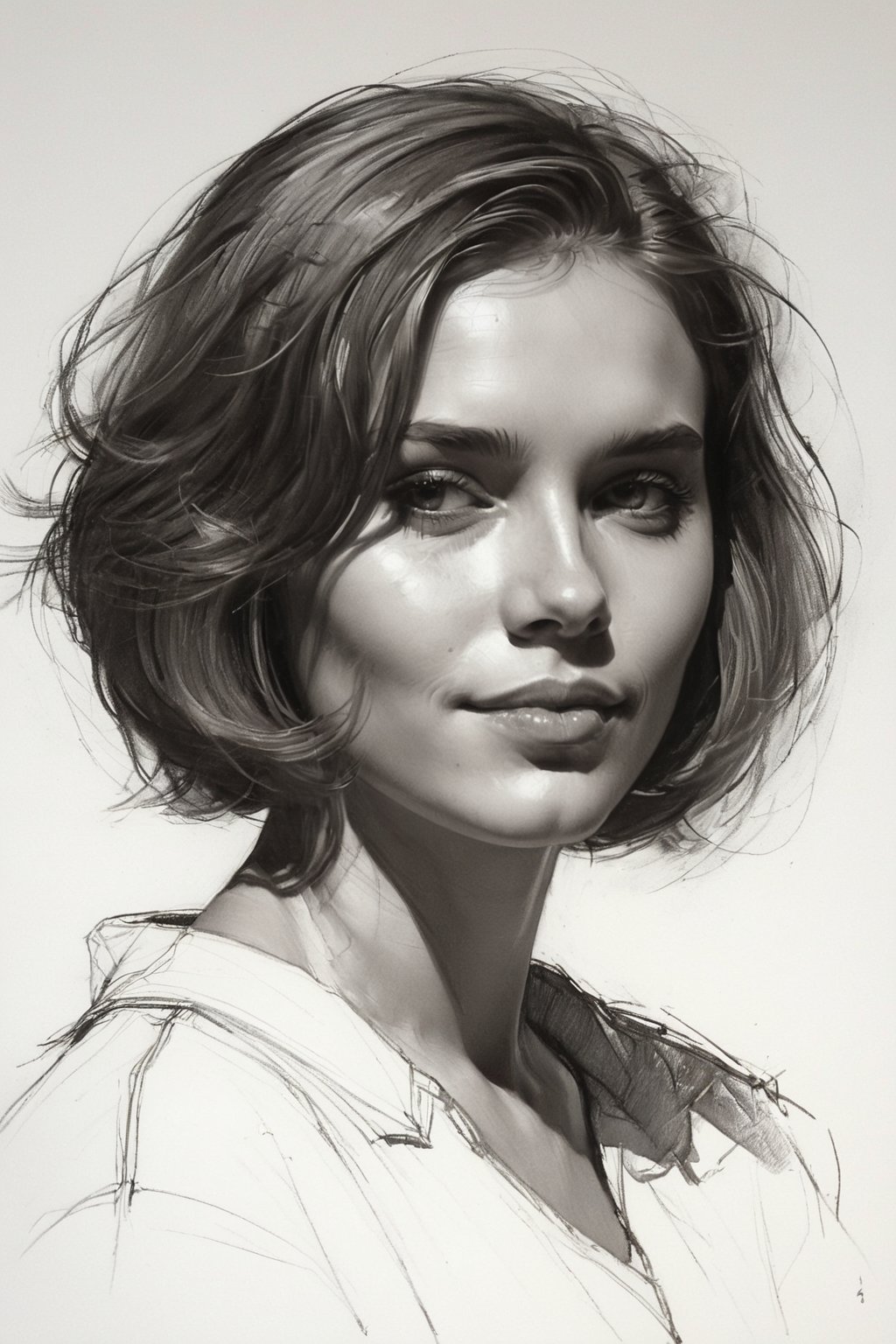 Masterpiece, best quality, dreamwave, aesthetic, 1male 26 years old and 1girl- chield 1years old, open look, (looking into the eyes), smiling charmingly, short brown hair, bob hairstyle, sketch, lineart, pencil, white background, portrait by Nikolay Alexanov, Style by Nikolay Feshin, Style by Zhaoming Wu, artistic oil painting stick,charcoal \(medium\), 