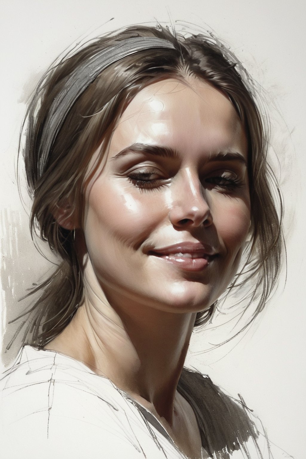 Masterpiece, best quality, dreamwave, aesthetic, portrait: 1 wife 22years old, 1 husband 26 years old and 1boy- chield 2 years old, open look, (looking into the eyes), smiling charmingly, short brown hair, sketch, lineart, pencil, white background, portrait by Alexanov, Style by Nikolay Feshin, artistic oil painting stick,charcoal \(medium\),