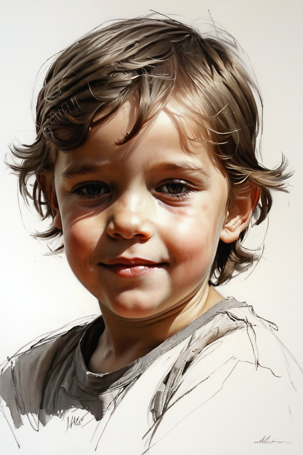 Masterpiece, best quality, dreamwave, aesthetic, 1boy- chield 2 years old, open look, (looking into the eyes), smiling charmingly, short brown hair, sketch, lineart, pencil, white background, portrait by Alexanov, Style by Nikolay Feshin, artistic oil painting stick,charcoal \(medium\), 