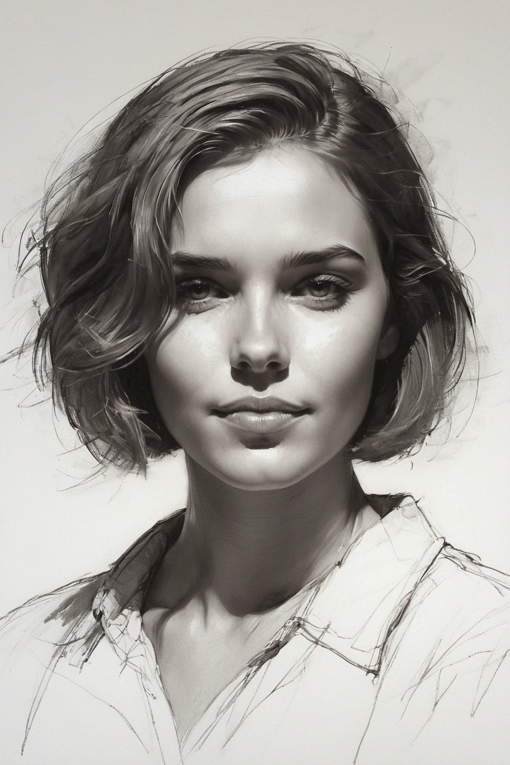 Masterpiece, best quality, dreamwave, aesthetic, 1male 26 years old and 1girl- chield 1years old, open look, (looking into the eyes), smiling charmingly, short brown hair, bob hairstyle, sketch, lineart, pencil, white background, portrait by Nikolay Alexanov, Style by Nikolay Feshin, Style by Zhaoming Wu, artistic oil painting stick,charcoal \(medium\), 