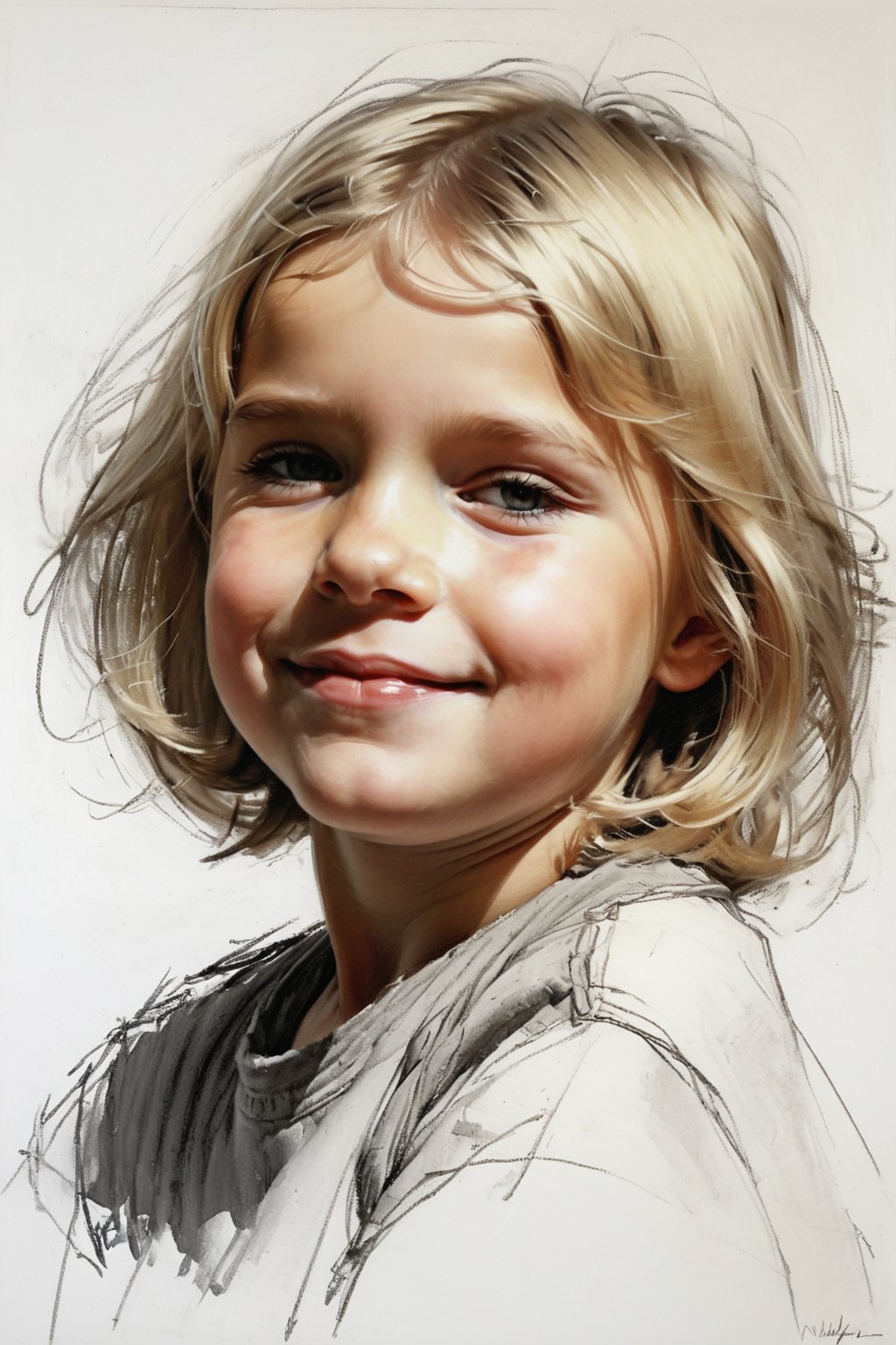 Masterpiece, best quality, dreamwave, aesthetic, 1girl- chield 5 years old, open look, (looking into the eyes), smiling charmingly, short blonde hair, bob hairstyle, sketch, lineart, pencil, white background, portrait by Nikolay Alexanov, Style by Nikolay Feshin, artistic oil painting stick,charcoal \(medium\), 